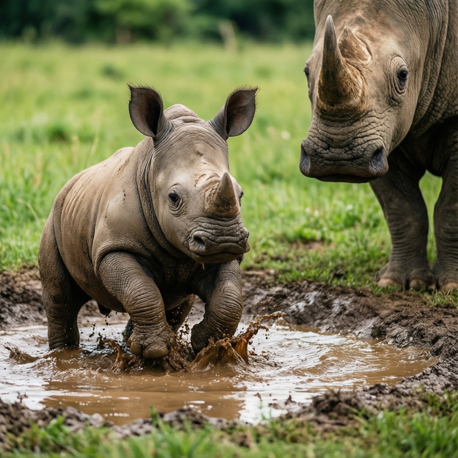 baby rhino, adult rhino, muddy puddle, HD Desktop Wallpaper