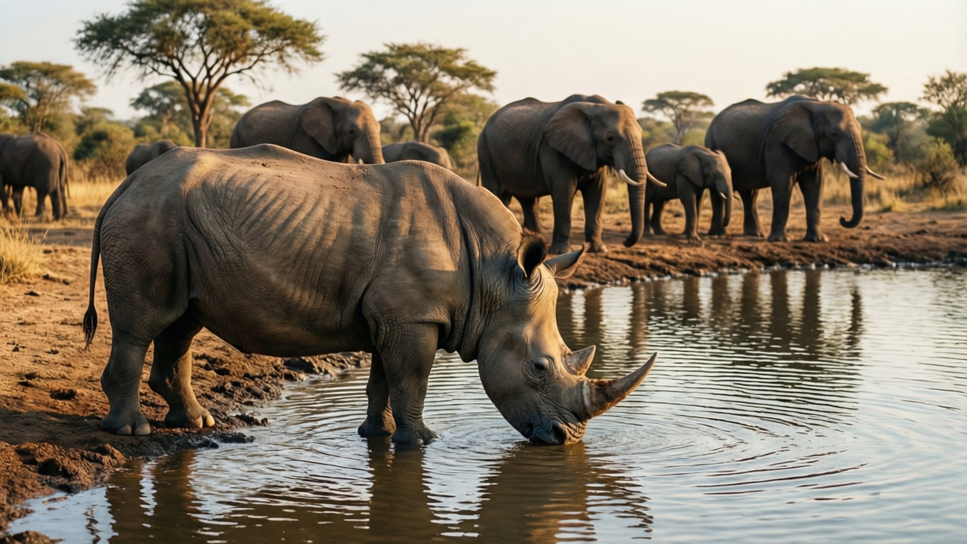 rhinoceros, elephants, waterhole, Full HD Desktop Wallpaper