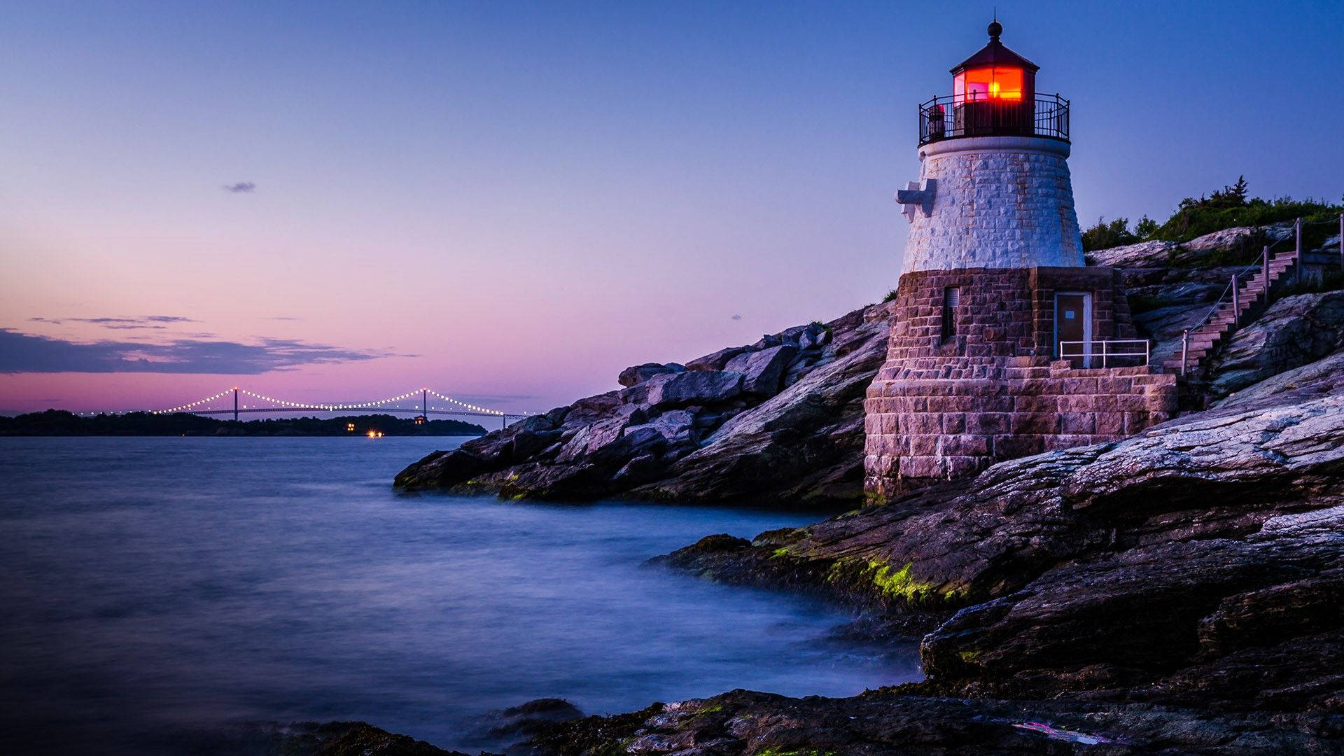Rhode Island, lighthouse, rocky cliffs, Full HD Desktop Wallpaper