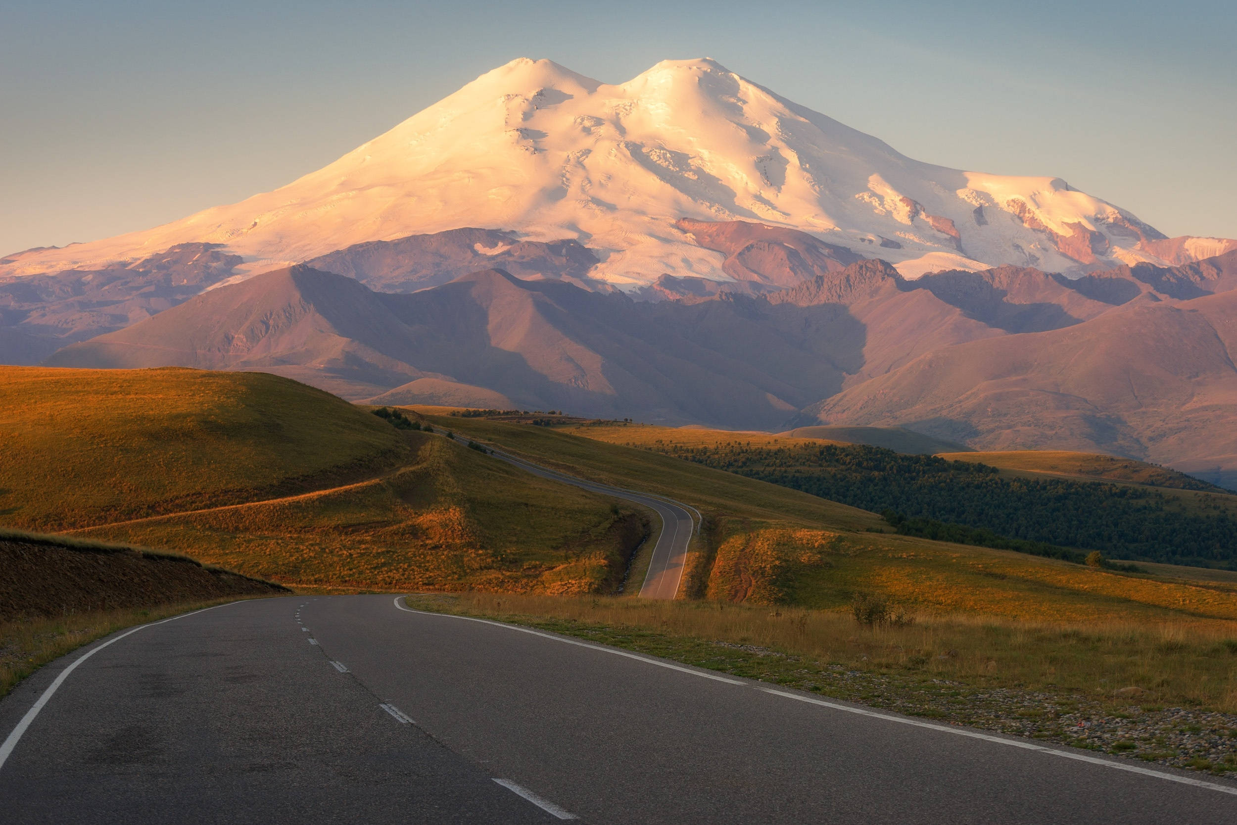 long highway in rhode island, golden hills, snow-capped mountain, Full HD Desktop Wallpaper