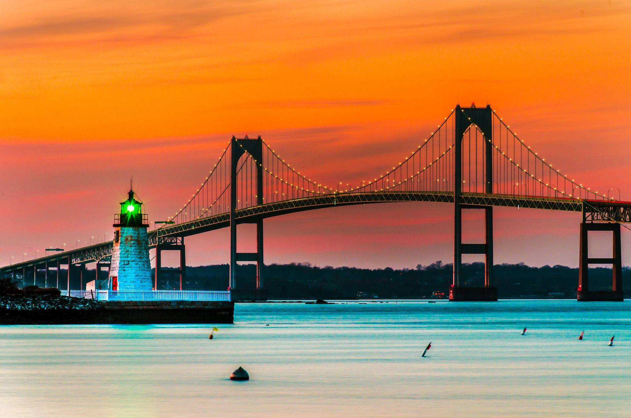 Rhode Island, suspension bridge, calm waters, Full HD Desktop Wallpaper