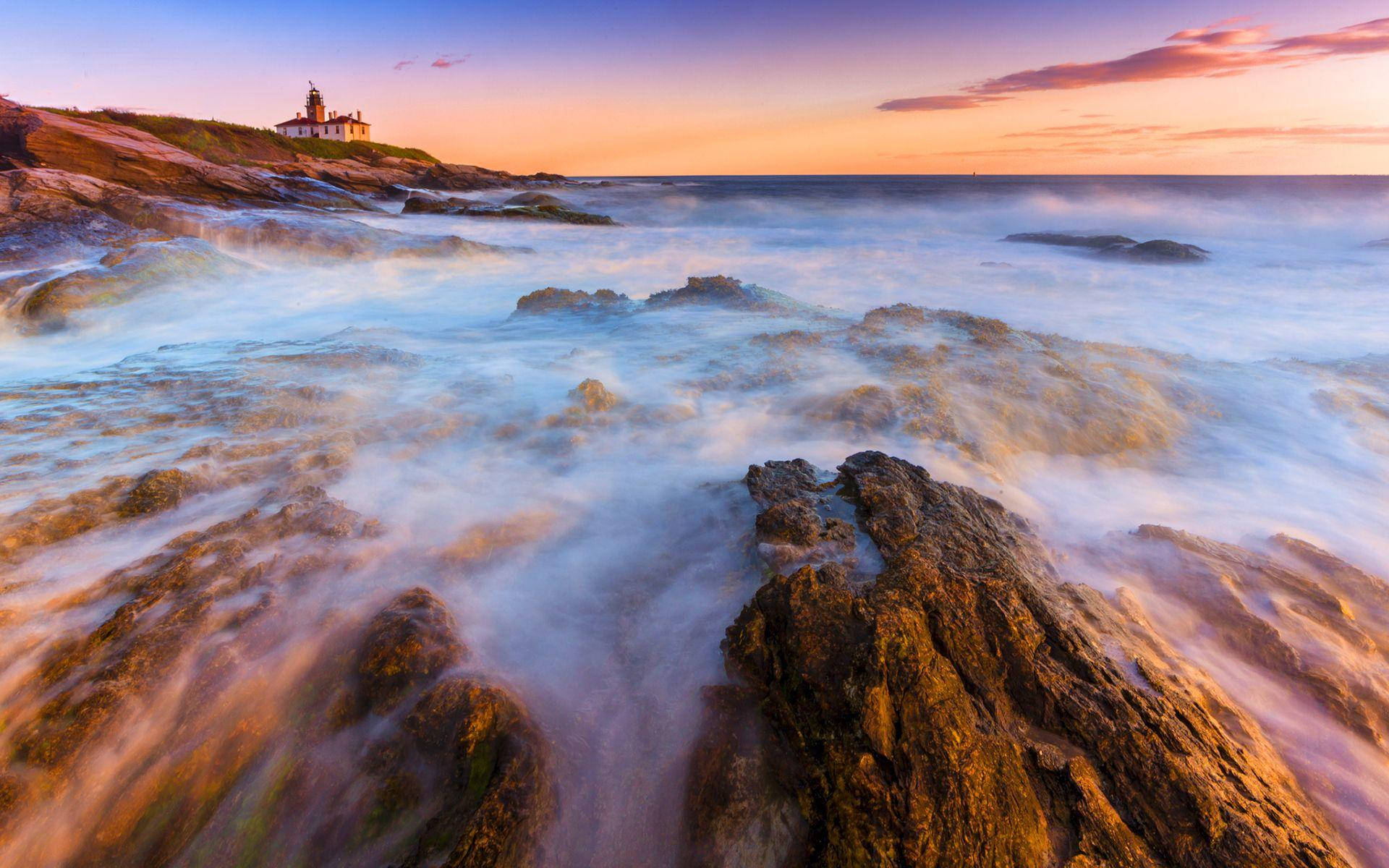 Rhode Island, lighthouse, rugged cliffs, Full HD Desktop Wallpaper