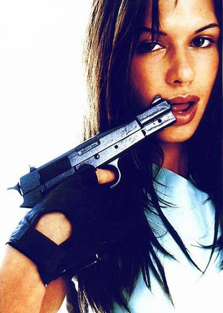 Rhona Mitra, handgun, dark hair, SD Phone Wallpaper