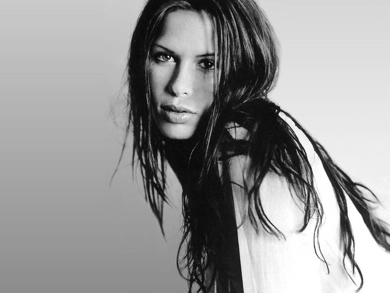 Rhona Mitra, black and white portrait, wet hair, HD Desktop Wallpaper