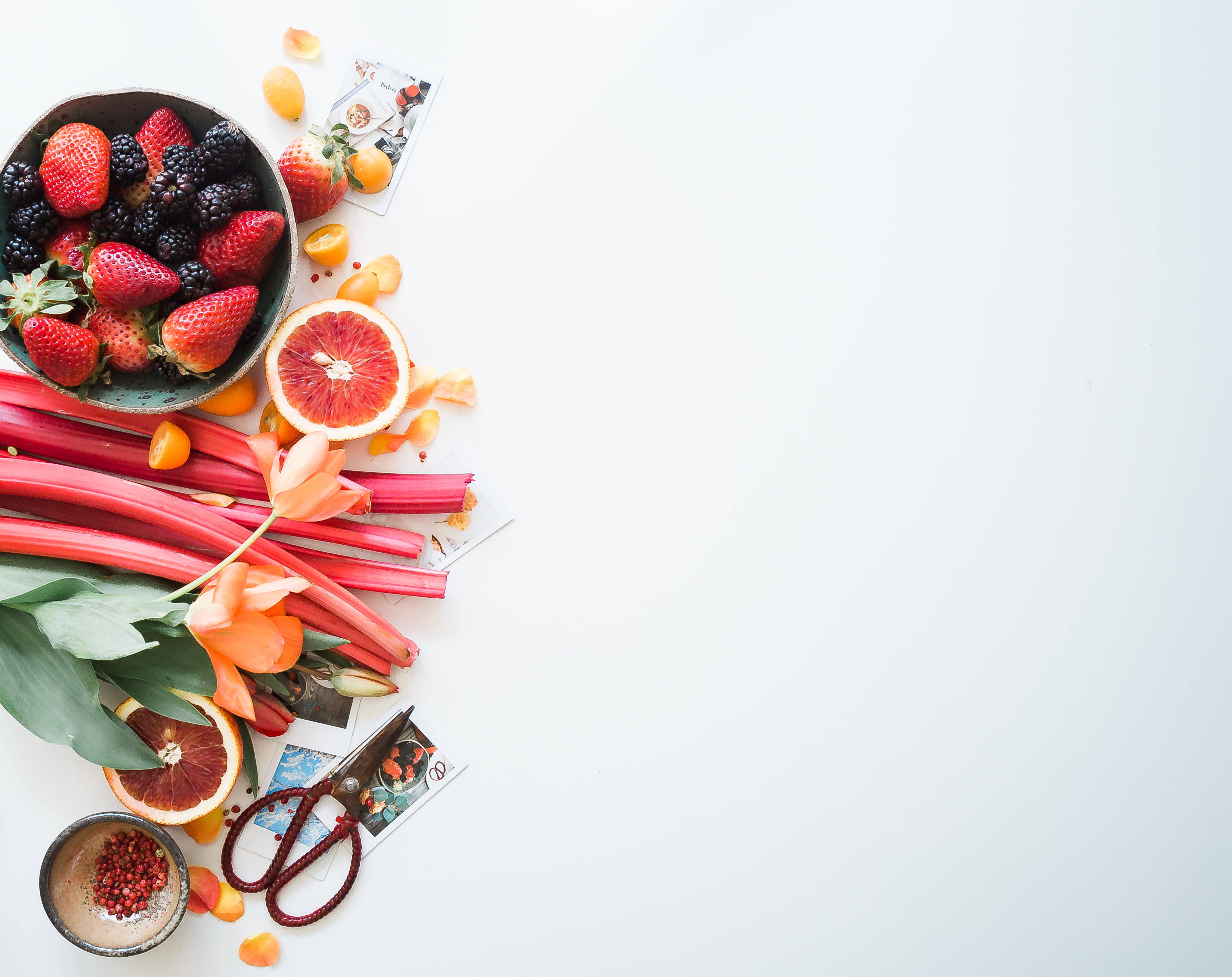 assorted fruits, rhubarb, berries, 4K Desktop Wallpaper