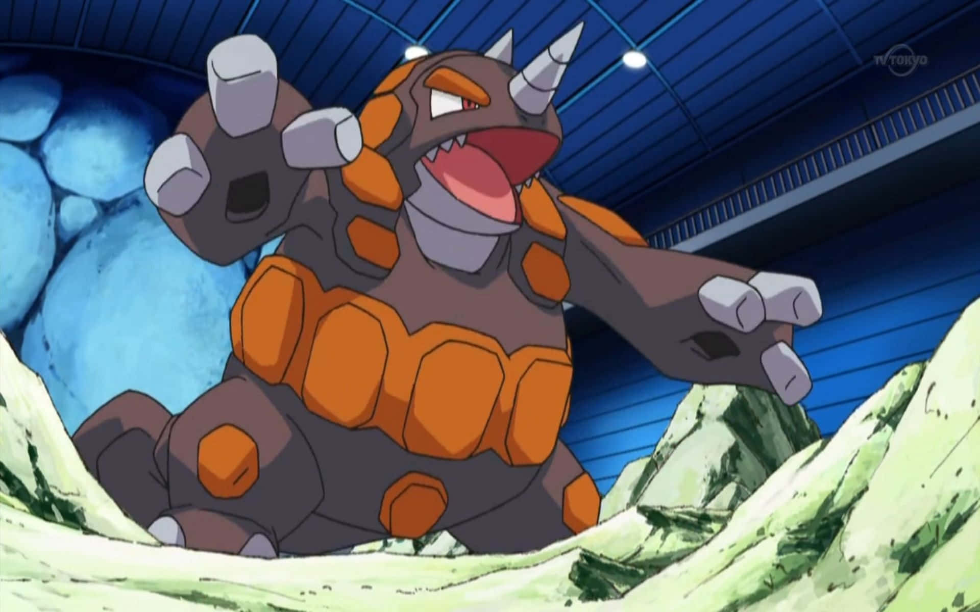 Rhyperior, orange and gray rocky armor, stadium-like arena, Full HD Desktop Wallpaper