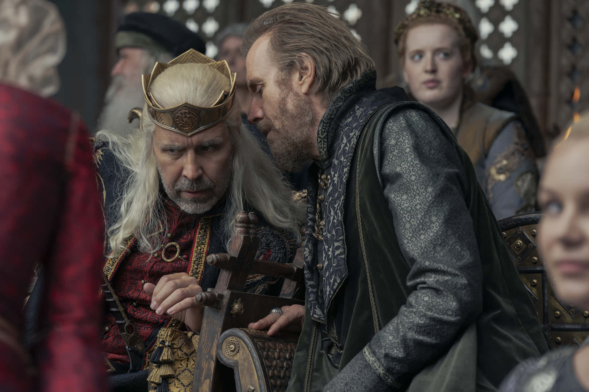 Rhys Ifans, golden crown, long white hair, Full HD Desktop Wallpaper