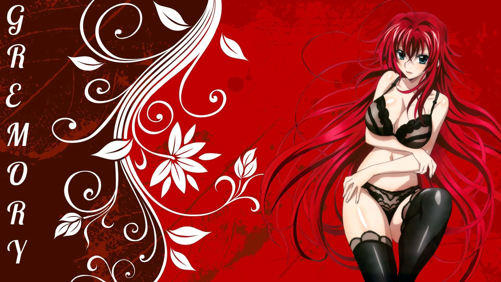 Rias Gremory, red-haired anime girl, black lingerie, Full HD Desktop Wallpaper