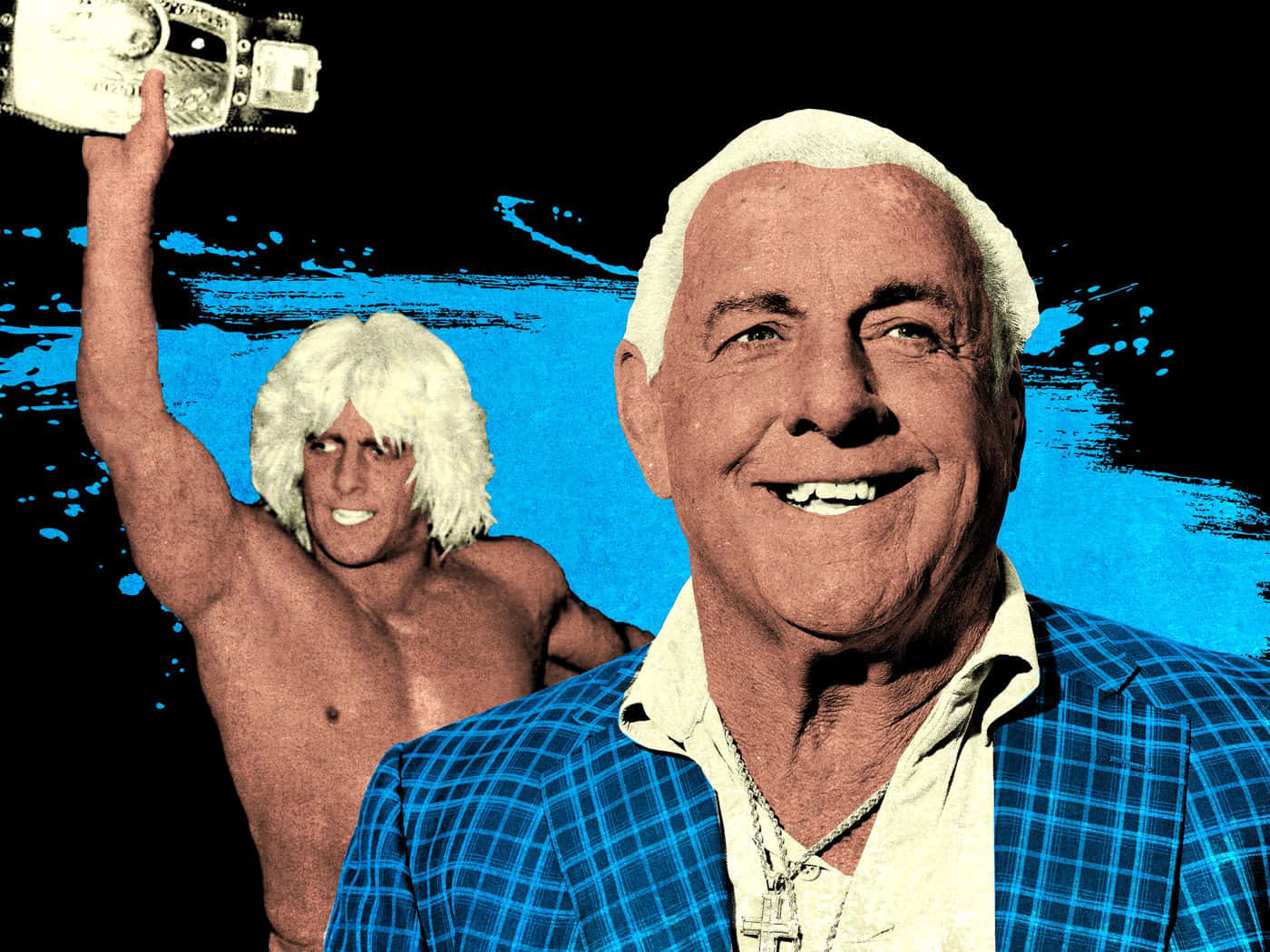 Ric Flair, blue plaid jacket, stylized blue splash background, HD Desktop Wallpaper