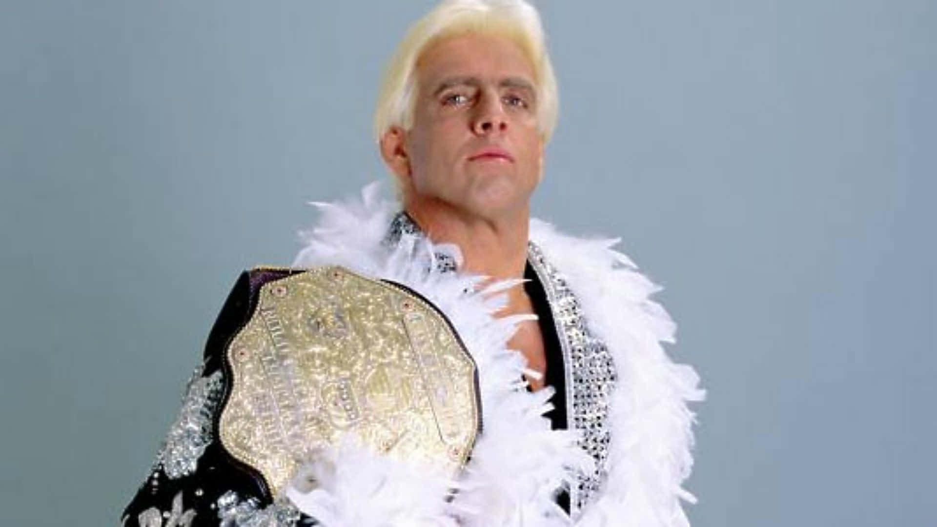 Ric Flair, glittering championship belt, white feathered jacket, Full HD Desktop Wallpaper