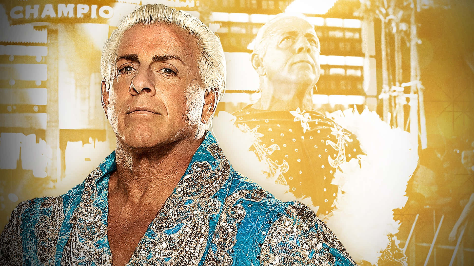 Ric Flair, yellow graphic, white hair, Full HD Desktop Wallpaper