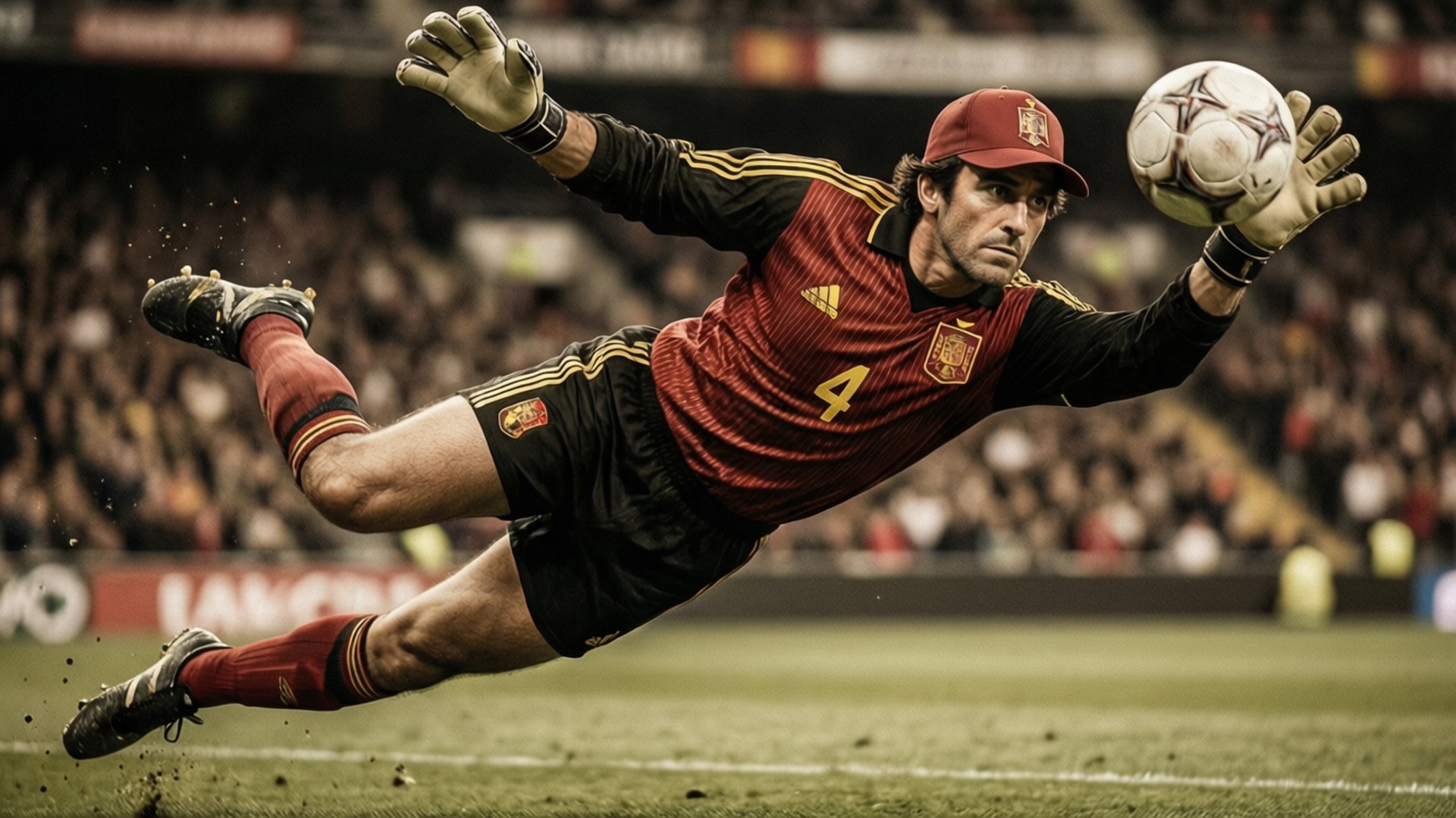 Ricardo Zamora, diving save, sepia tone, Full HD Desktop Wallpaper