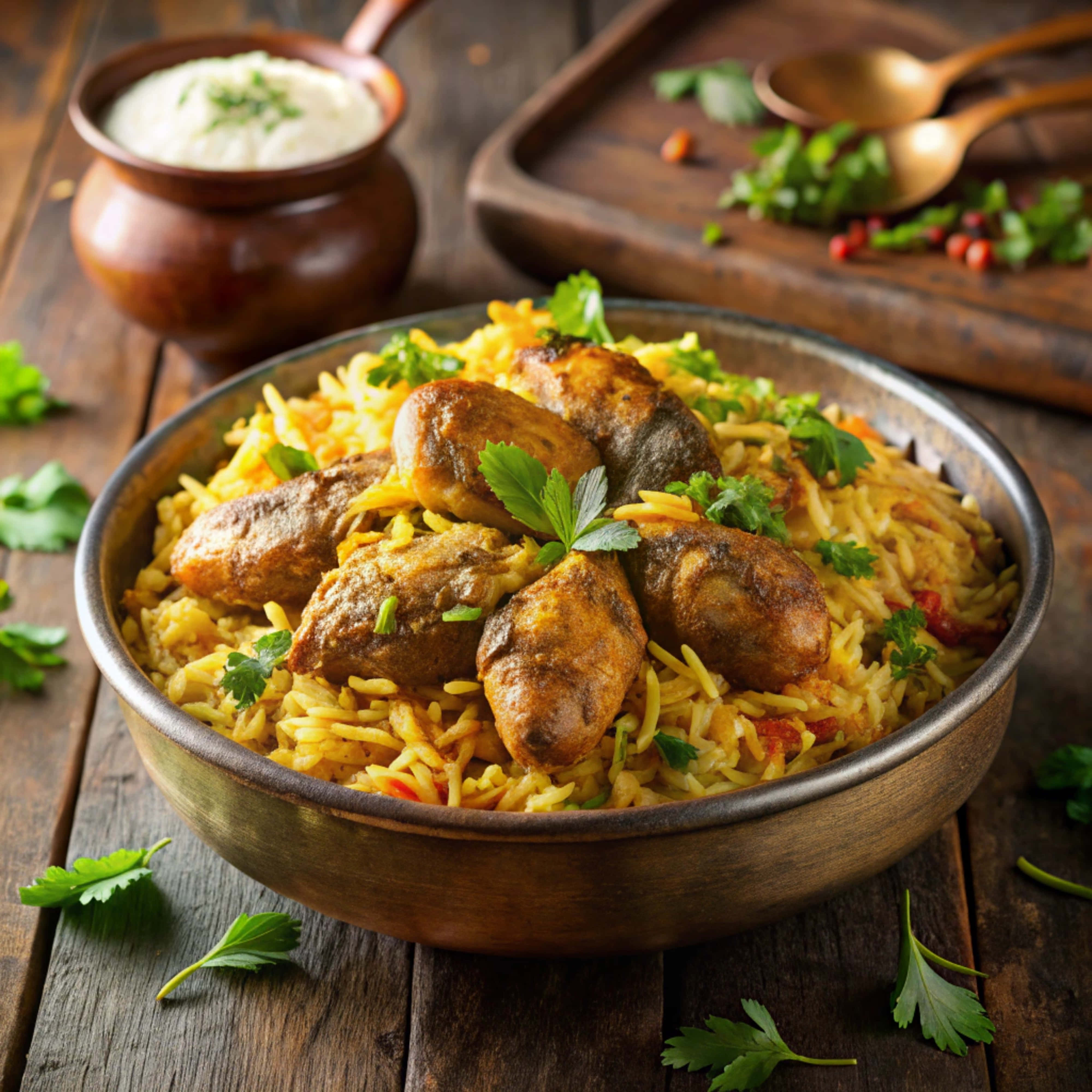 basmati rice, golden rice, seared chicken pieces, 4K Desktop Wallpaper