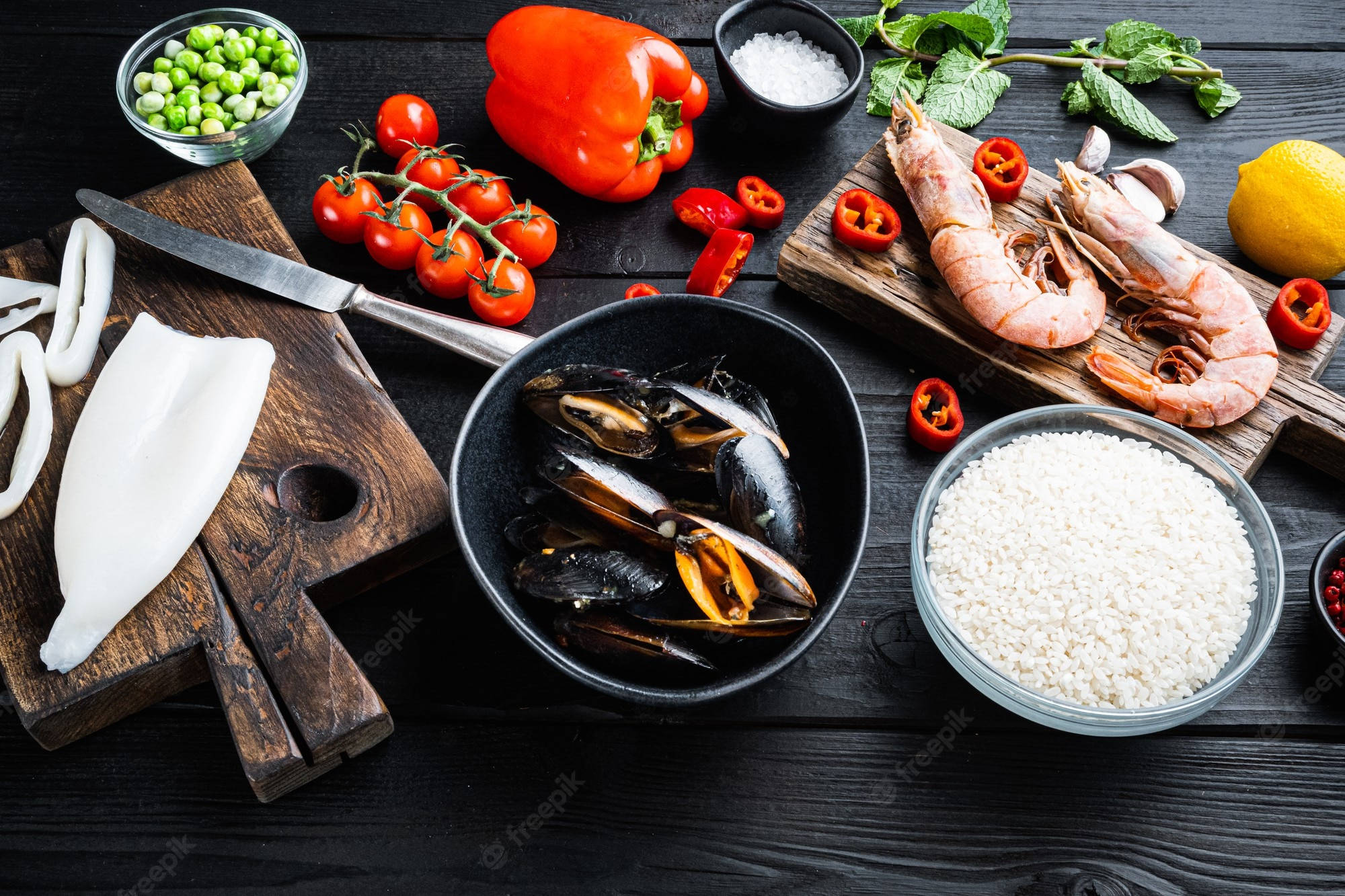 Paella, fresh seafood, vegetables, Full HD Desktop Wallpaper