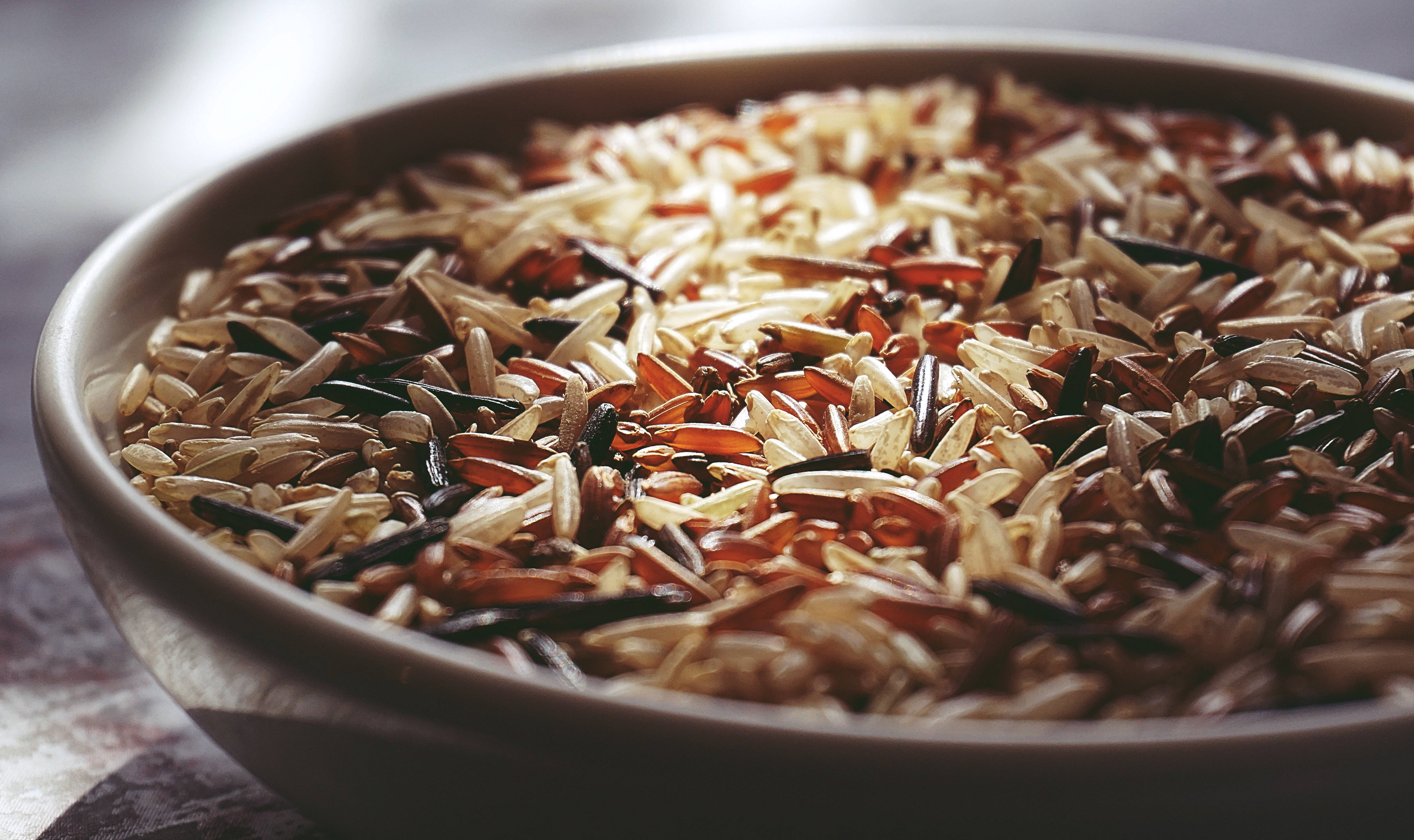 bowl of raw red rice, wild rice grains, wooden bowl, 5K Desktop Wallpaper