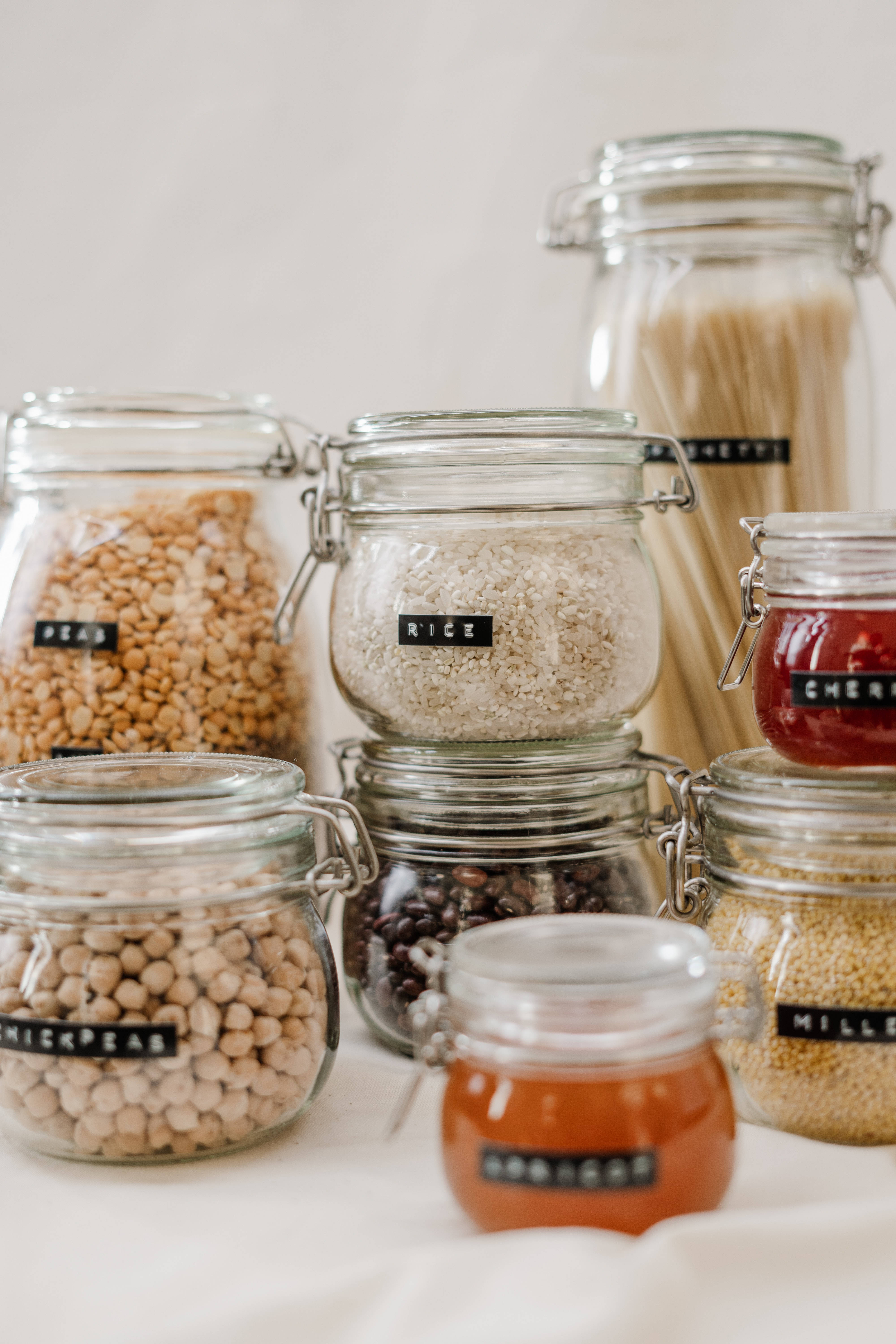 jar of rice, glass jars, labeled grains, 5K Phone Wallpaper