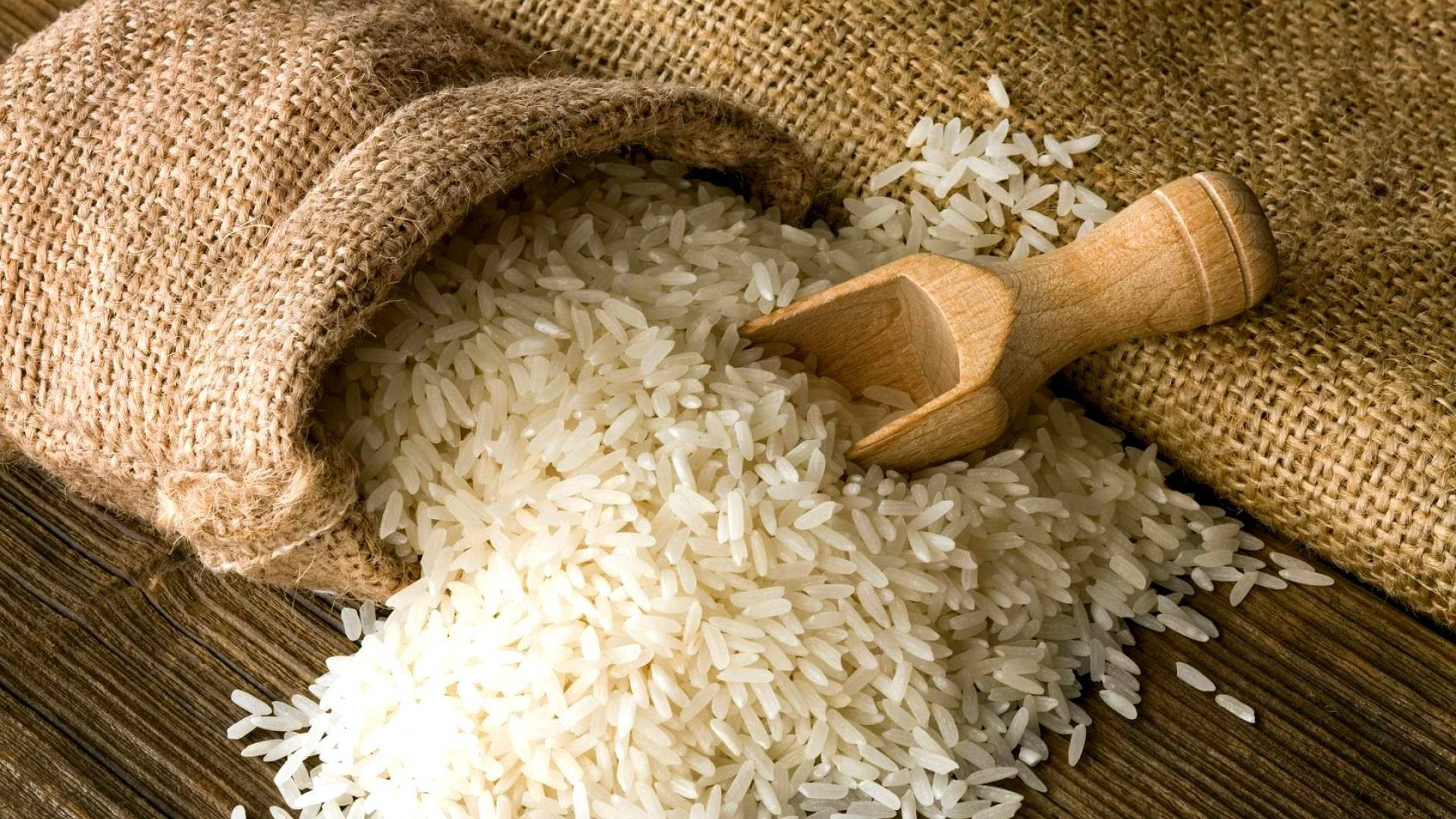 organic rice, burlap sack, wooden surface, Full HD Desktop Wallpaper