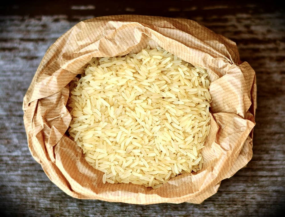 white rice, long-grain rice, brown paper bag, SD Desktop Wallpaper