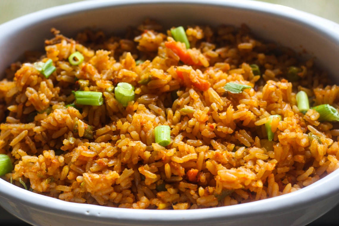 jollof rice, vibrant orange, green onions, SD Desktop Wallpaper