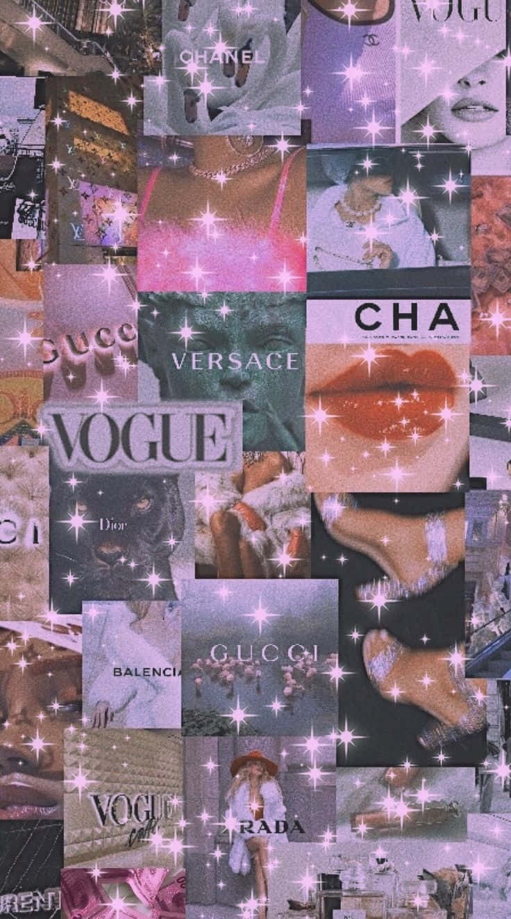 luxury fashion magazine clippings, brand logos, glittery collage, HD Phone Wallpaper