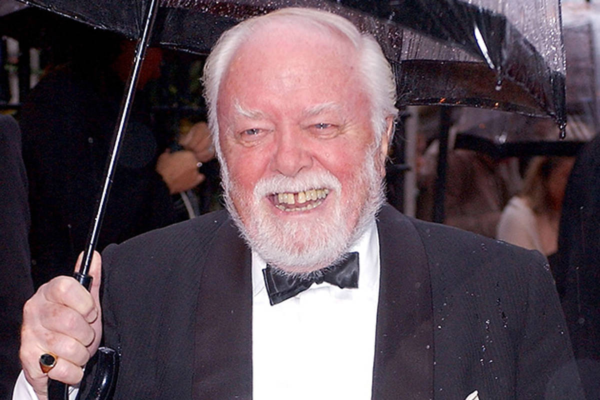 Richard Attenborough, black umbrella, rain, SD Desktop Wallpaper