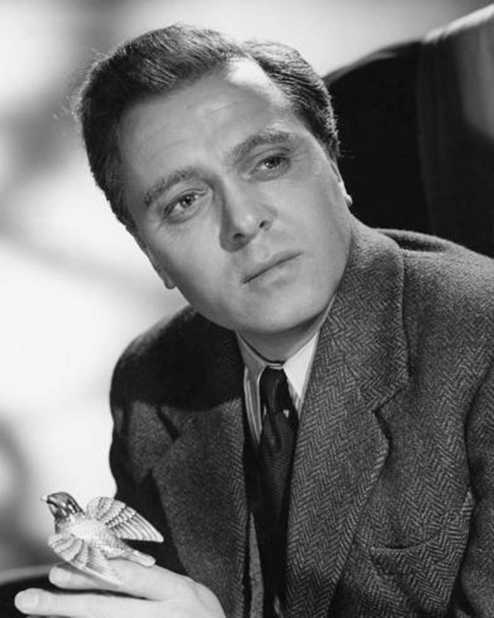 Richard Attenborough, black and white portrait, herringbone suit, SD Phone Wallpaper