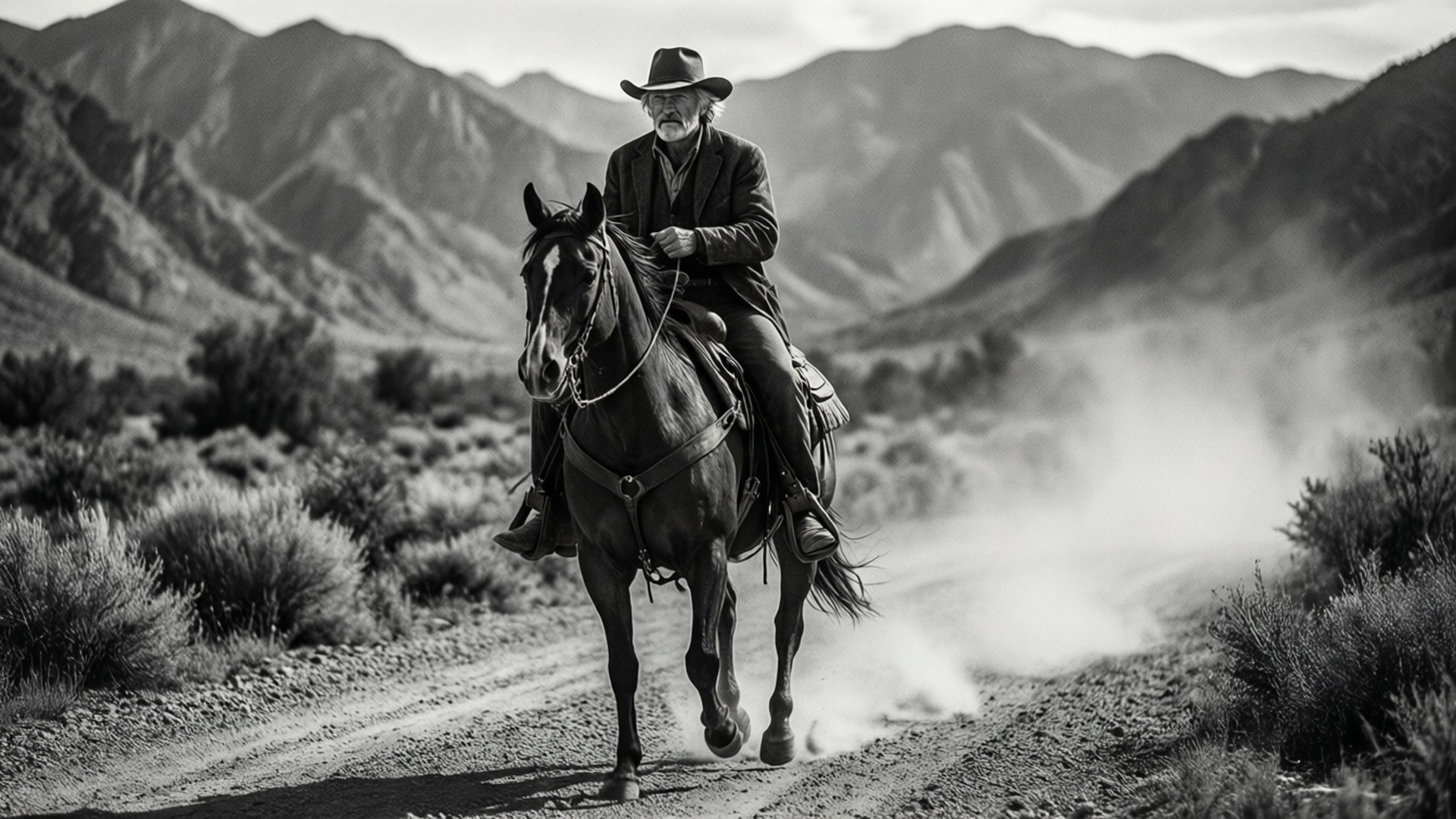 Richard Farnsworth, horseback, black and white, Full HD Desktop Wallpaper