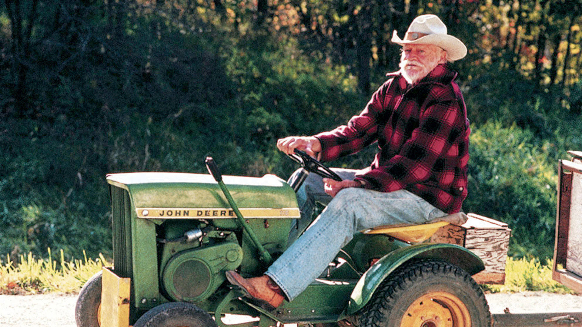 Richard Farnsworth, green John Deere tractor, rural dirt road, Full HD Desktop Wallpaper