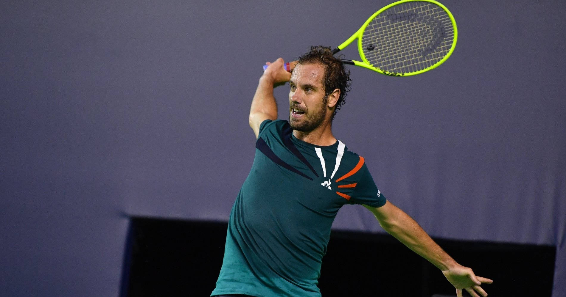 Richard Gasquet, neon yellow racket, solid purple background, HD Desktop Wallpaper