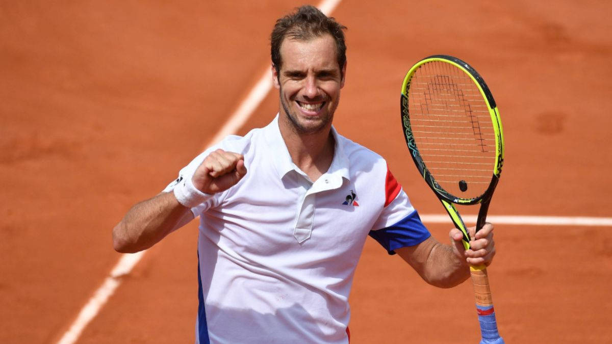 Richard Gasquet, smiling fist pump, sunlit clay court, SD Desktop Wallpaper