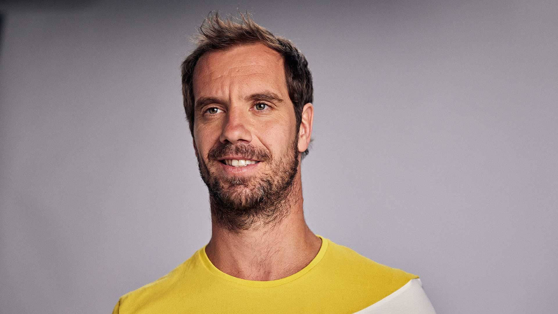 Richard Gasquet, yellow and white shirt, gray background, Full HD Desktop Wallpaper