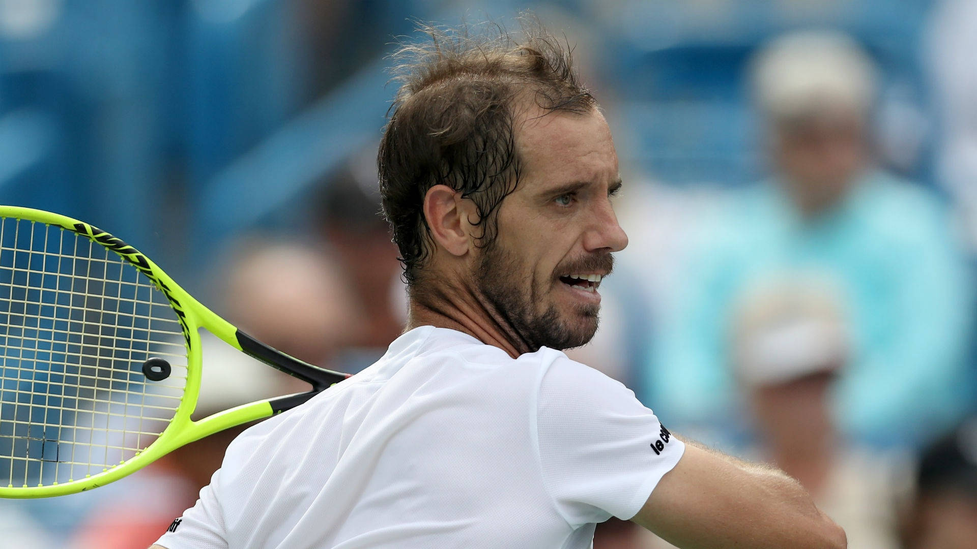 Richard Gasquet, neon yellow racket, white shirt, Full HD Desktop Wallpaper