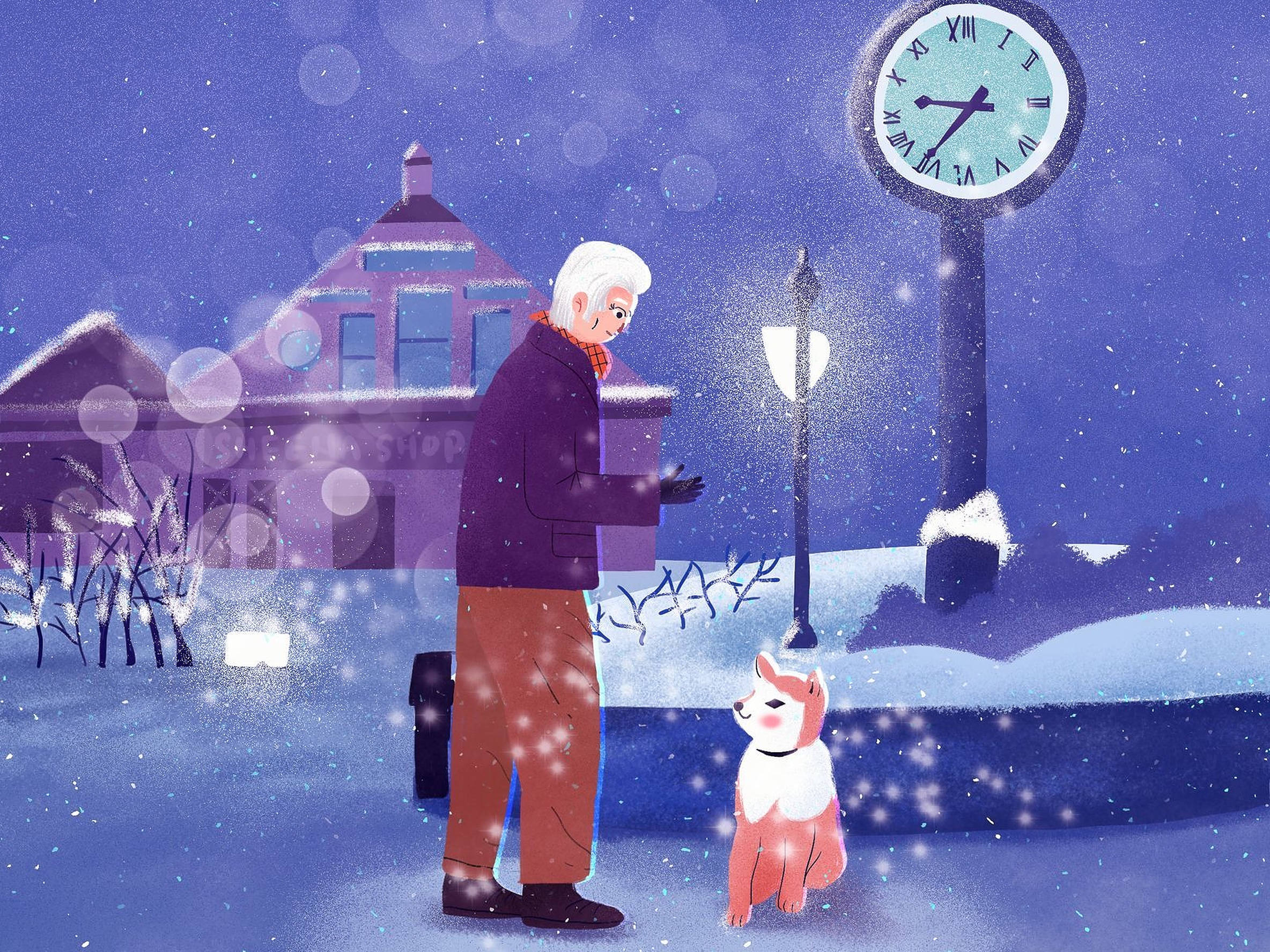 Richard Gere, snowy town square, glowing clock tower, Full HD Desktop Wallpaper
