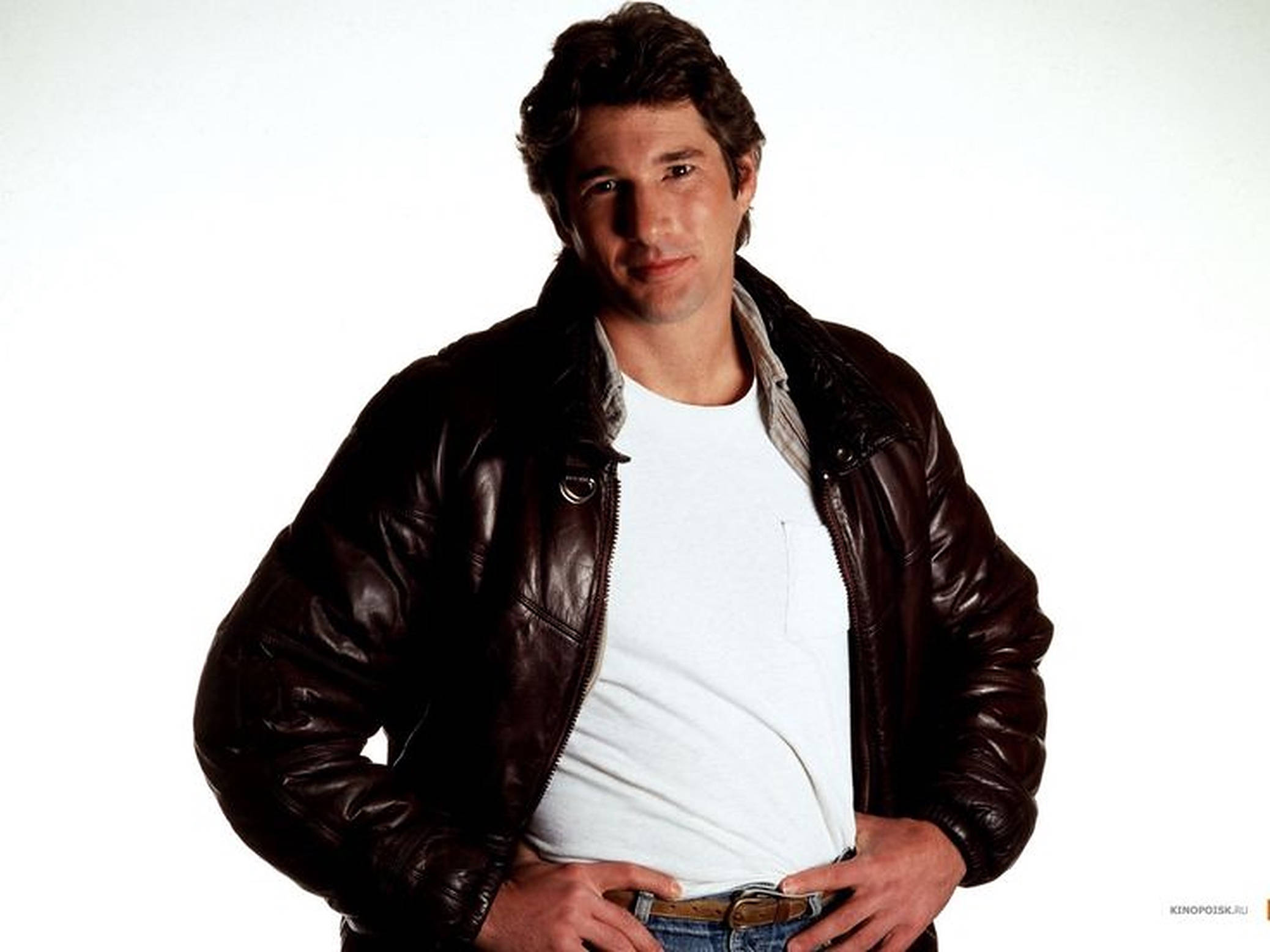 Richard Gere, brown leather jacket, white t-shirt, Full HD Desktop Wallpaper