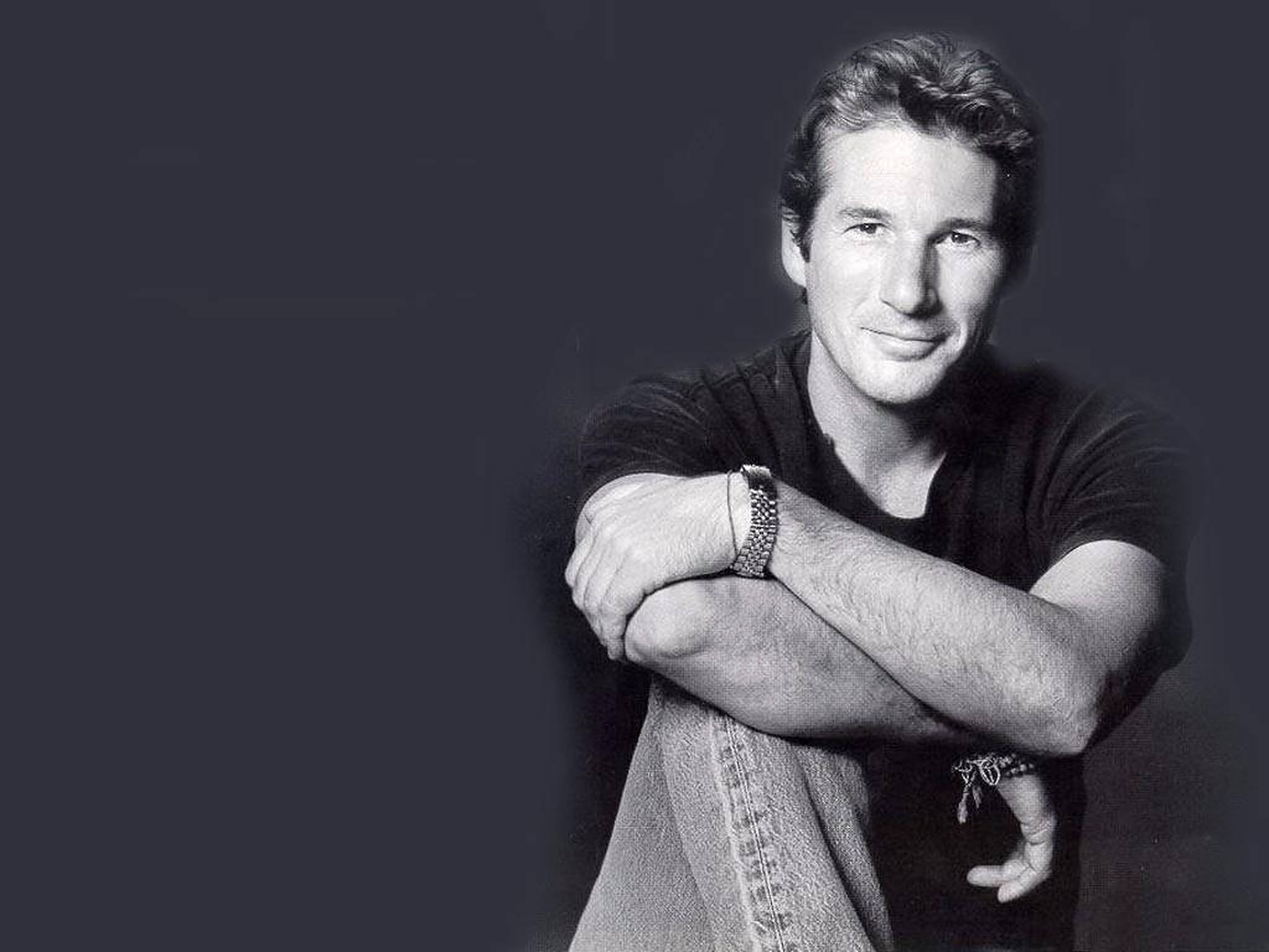 Richard Gere, grayscale, black and white portrait, Full HD Desktop Wallpaper