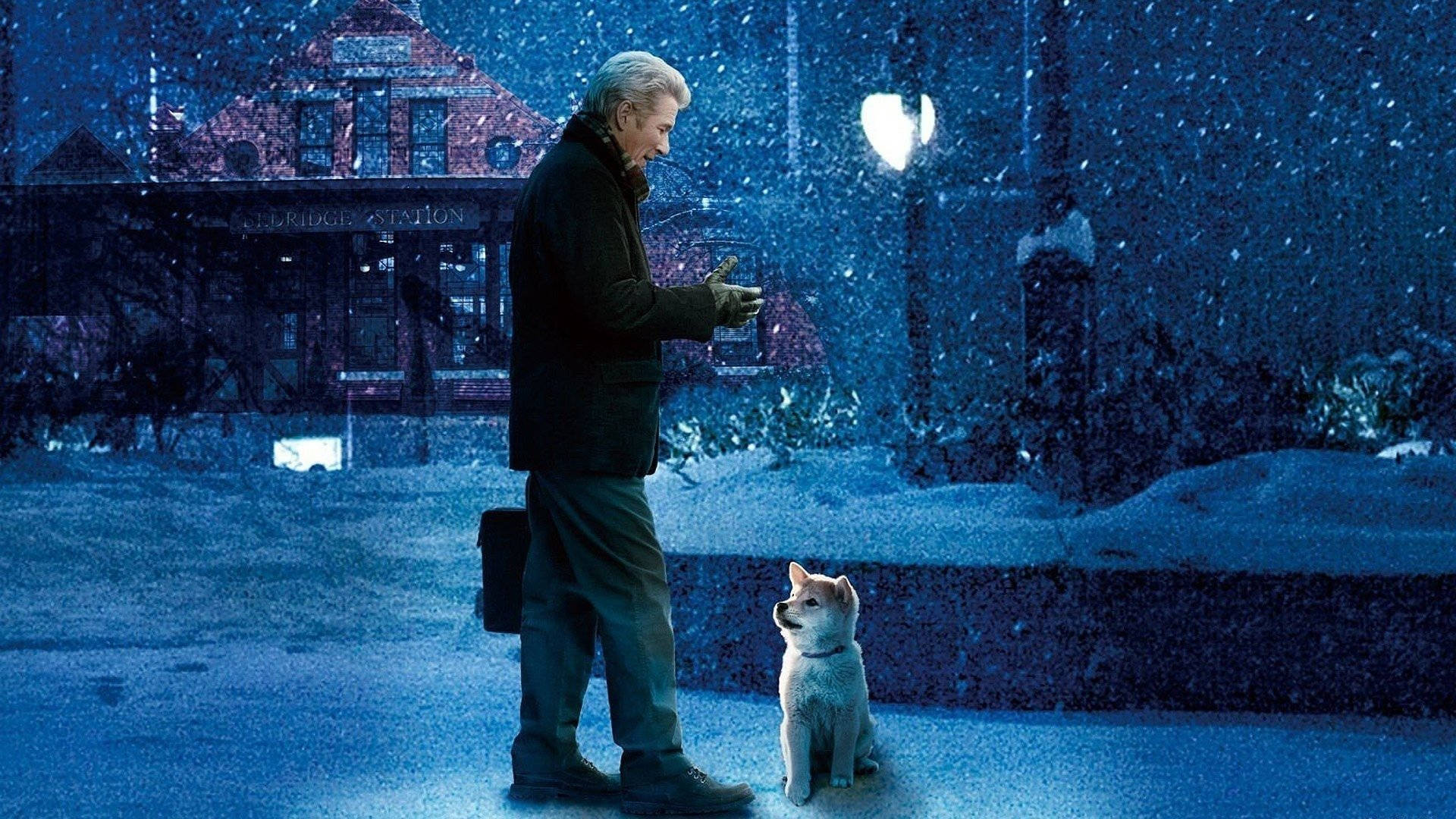Richard Gere, snowy night street, glowing streetlamp, Full HD Desktop Wallpaper