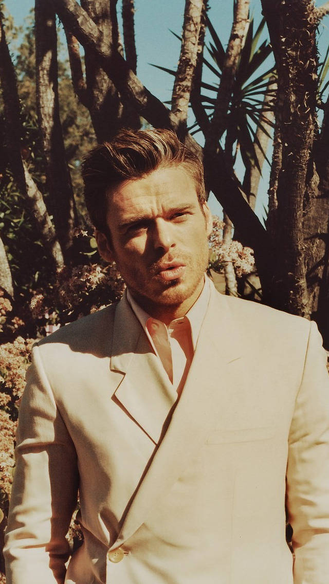 Richard Madden, camel suit, sunlit trees, SD Phone Wallpaper