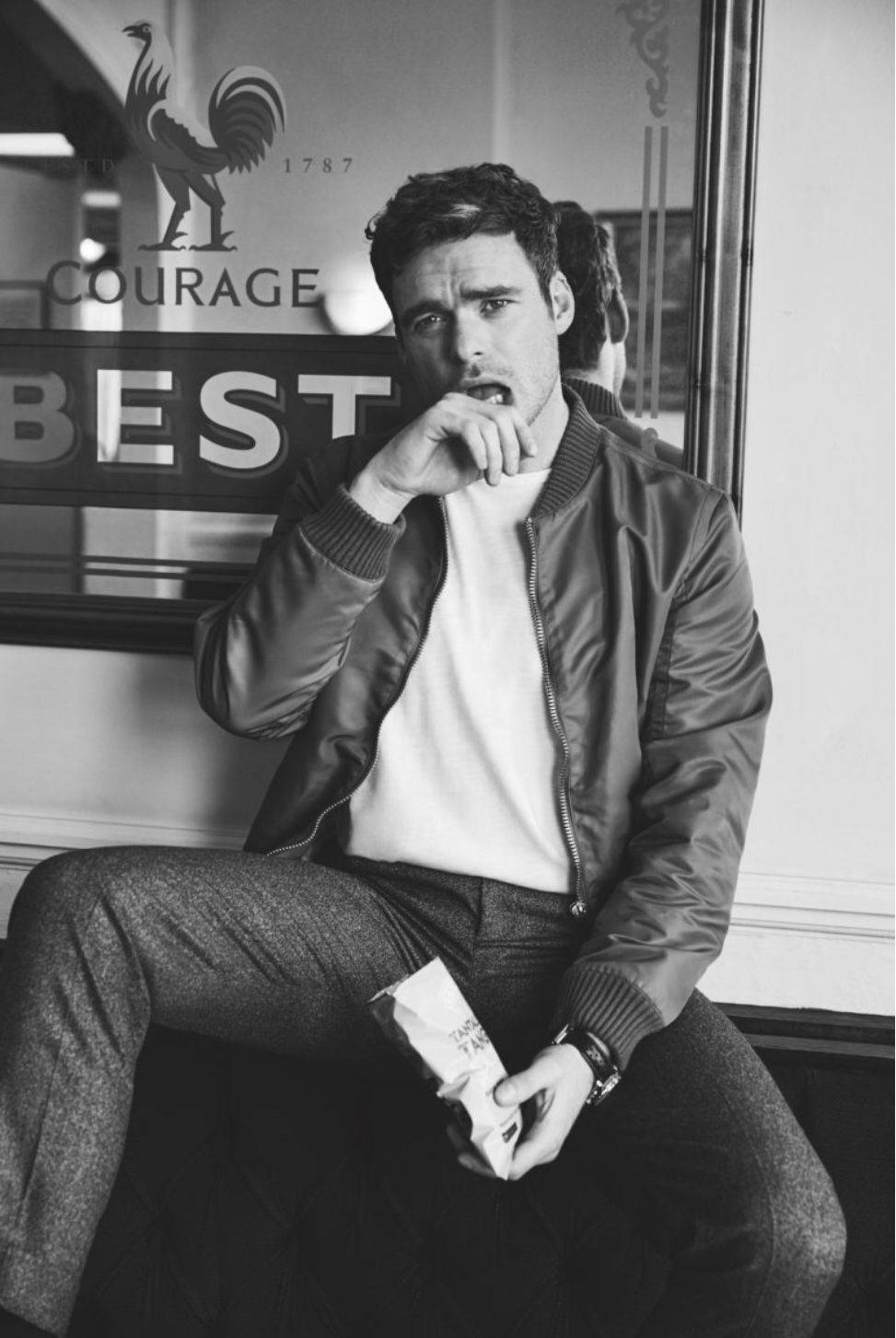 Richard Madden, leather bomber jacket, windowsill, HD Phone Wallpaper