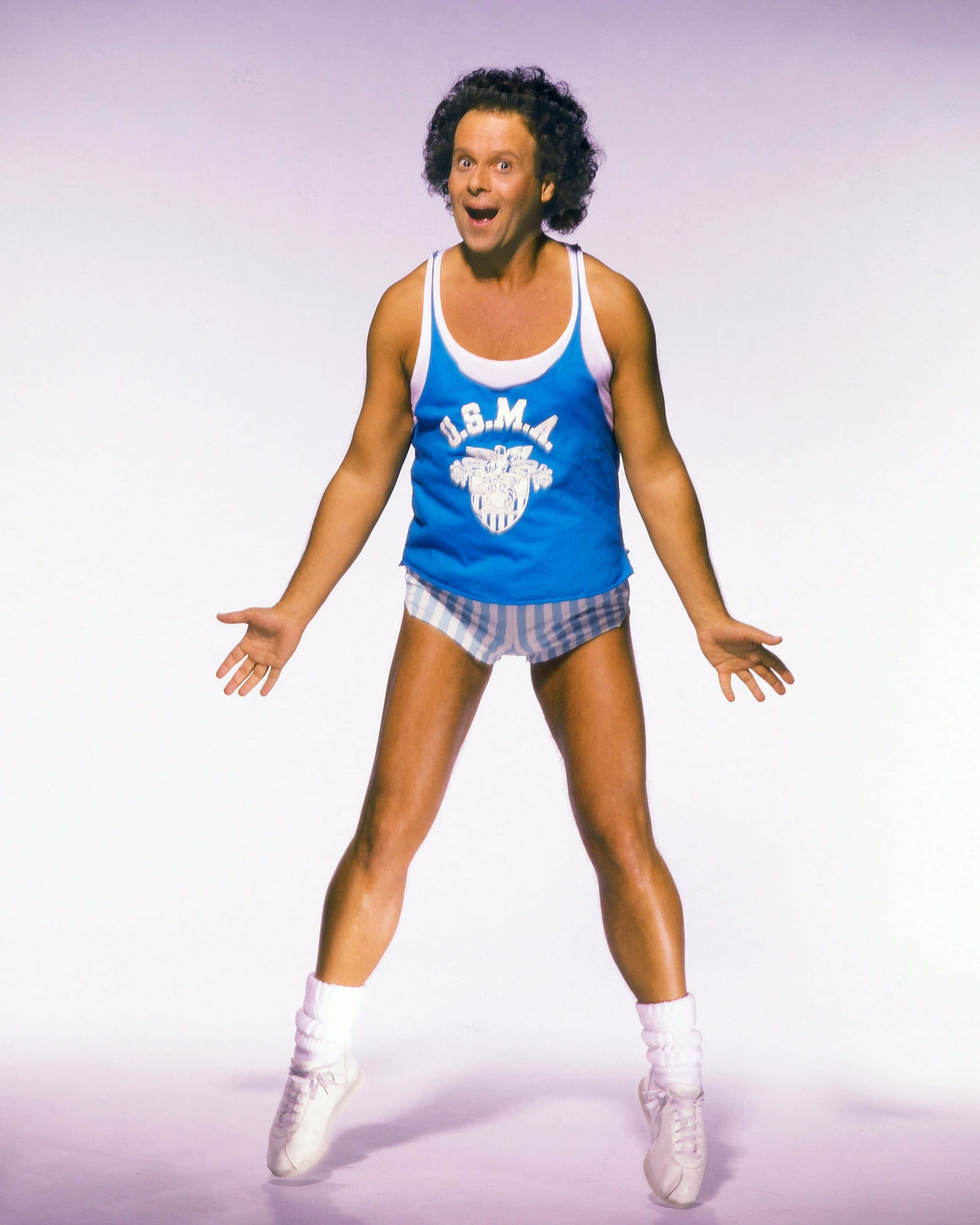 Richard Simmons, blue USMA tank top, plaid shorts, 2K Phone Wallpaper