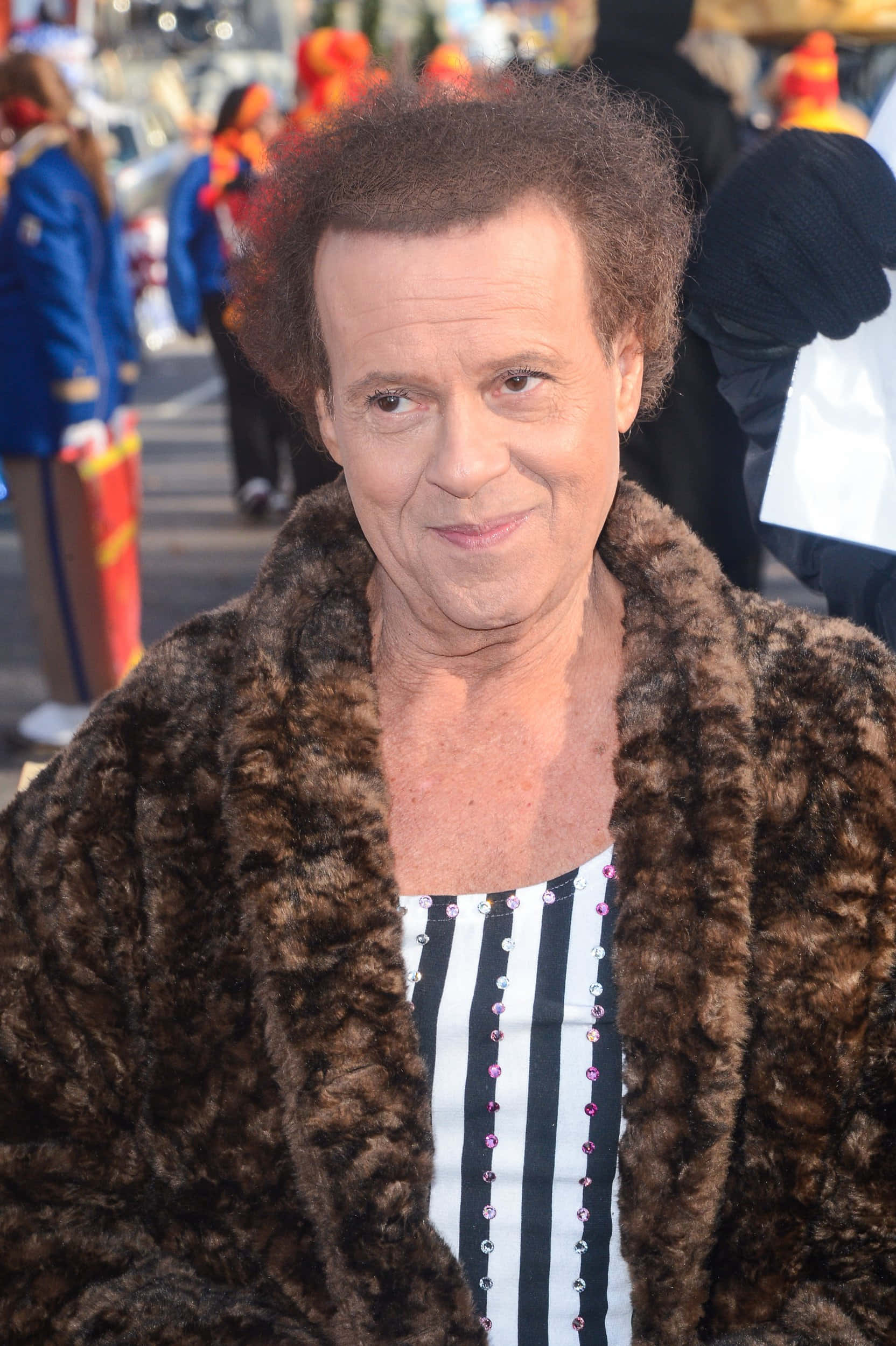 Richard Simmons, brown fur coat, black and white striped top, Full HD Phone Wallpaper