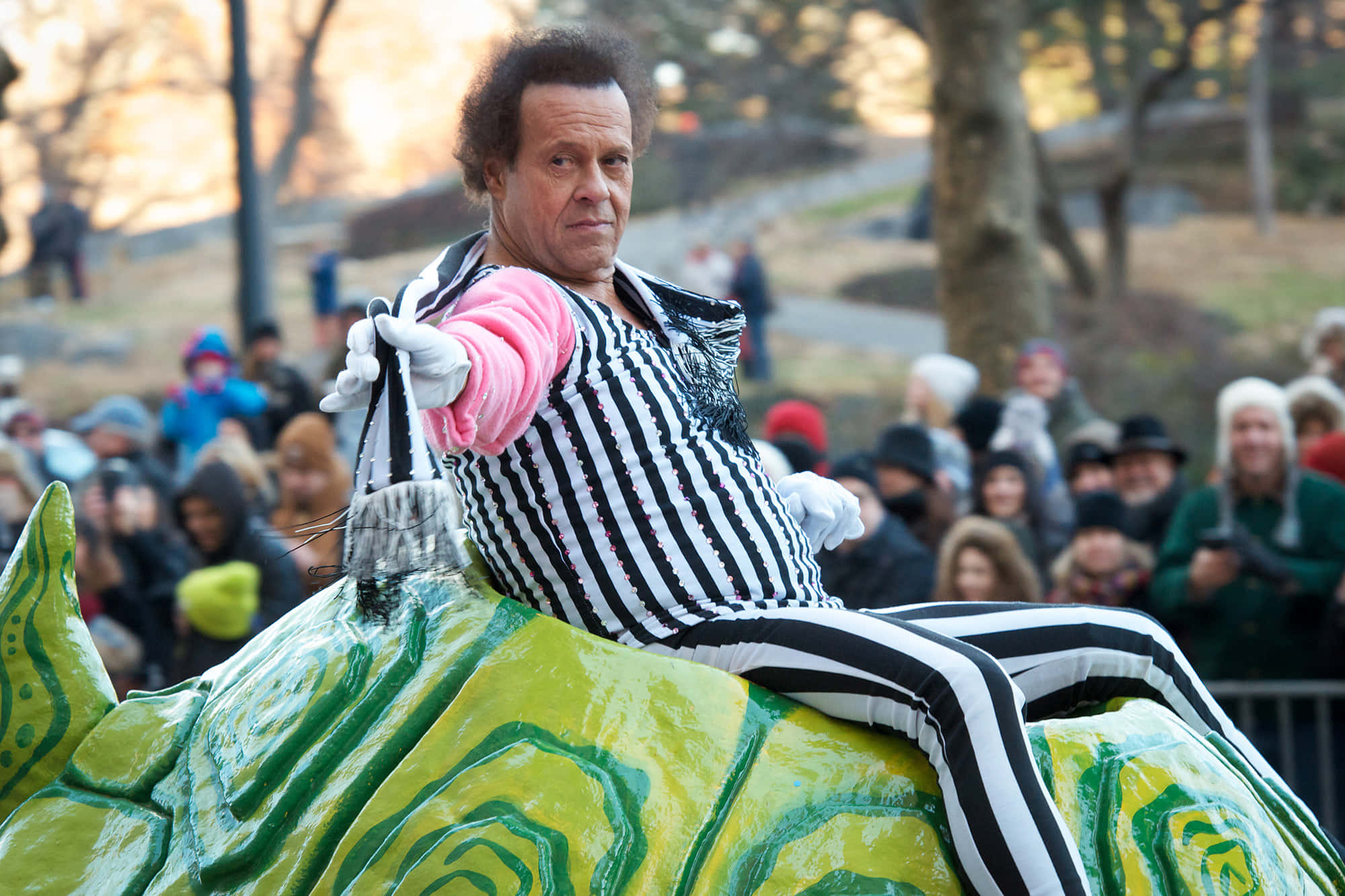 Richard Simmons, black and white striped costume, green and yellow patterned float, Full HD Desktop Wallpaper