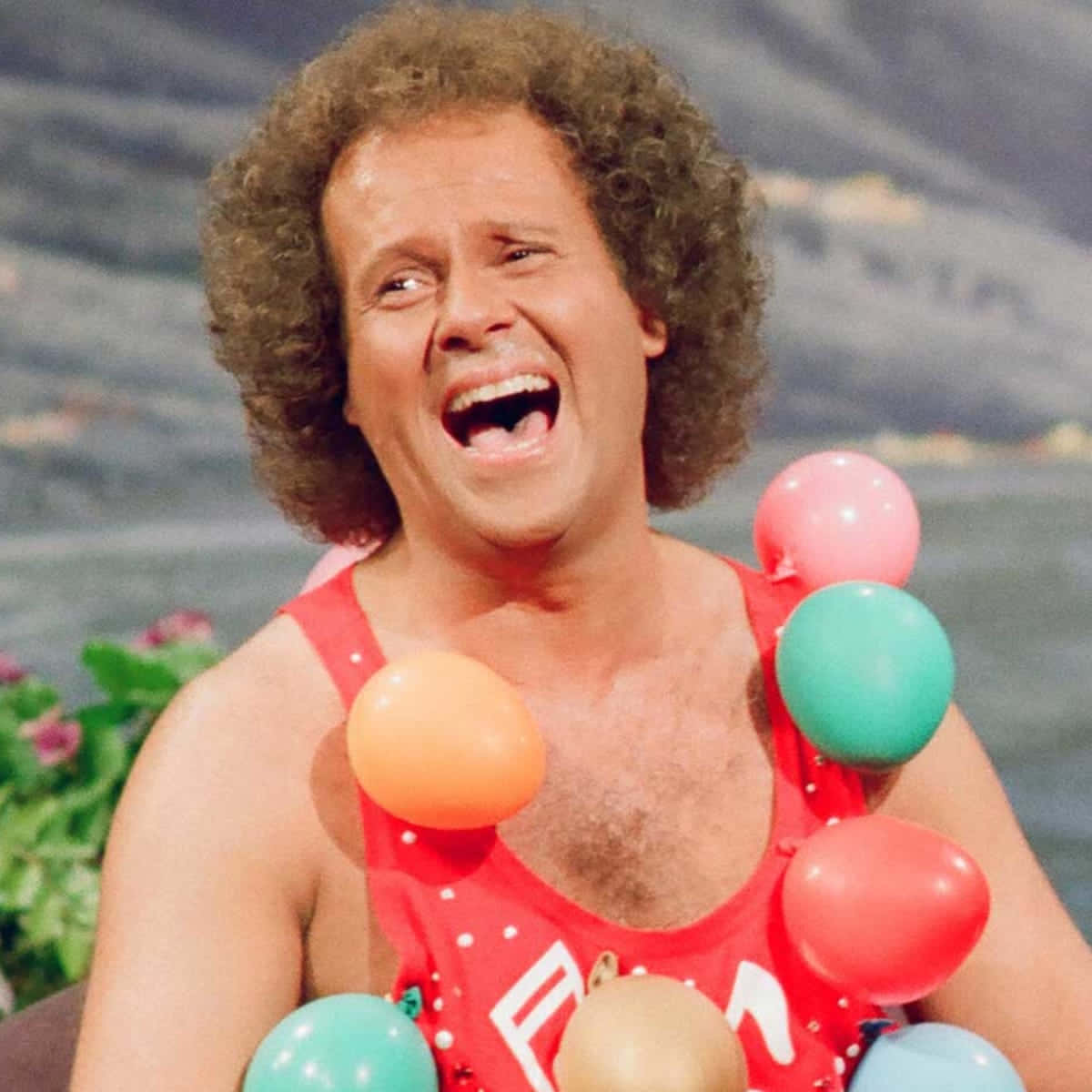 Richard Simmons, red tank top, curly hair, SD Desktop Wallpaper