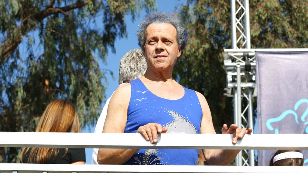 Richard Simmons, blue tank top, silver glitter designs, HD Desktop Wallpaper