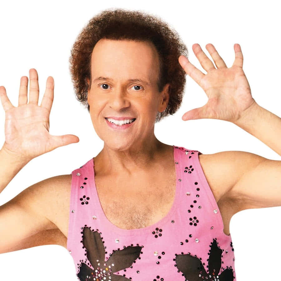 Richard Simmons, pink sequined tank top, curly hair, SD Desktop Wallpaper