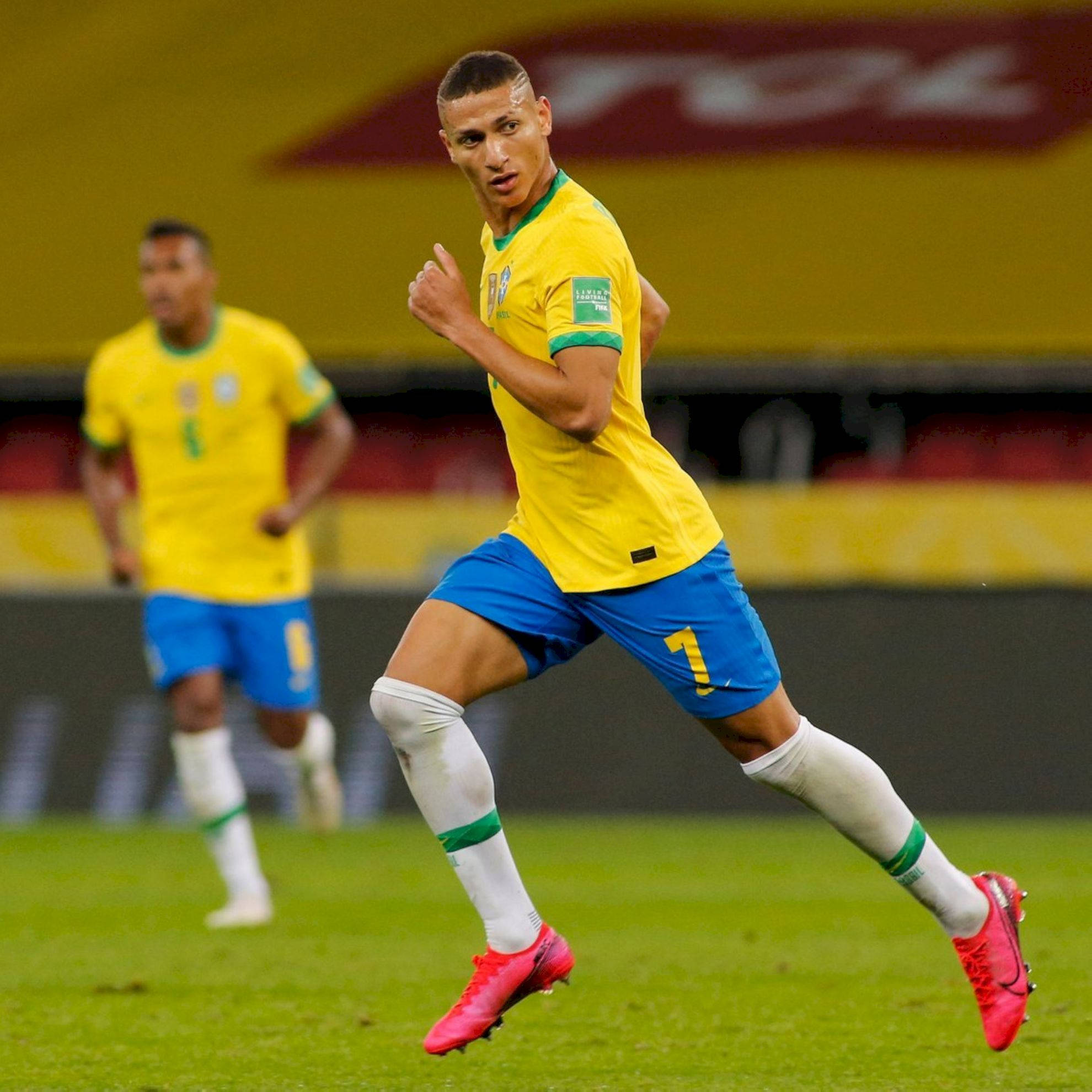 Richarlison De Andrade, yellow and blue jersey, green pitch, Full HD Desktop Wallpaper