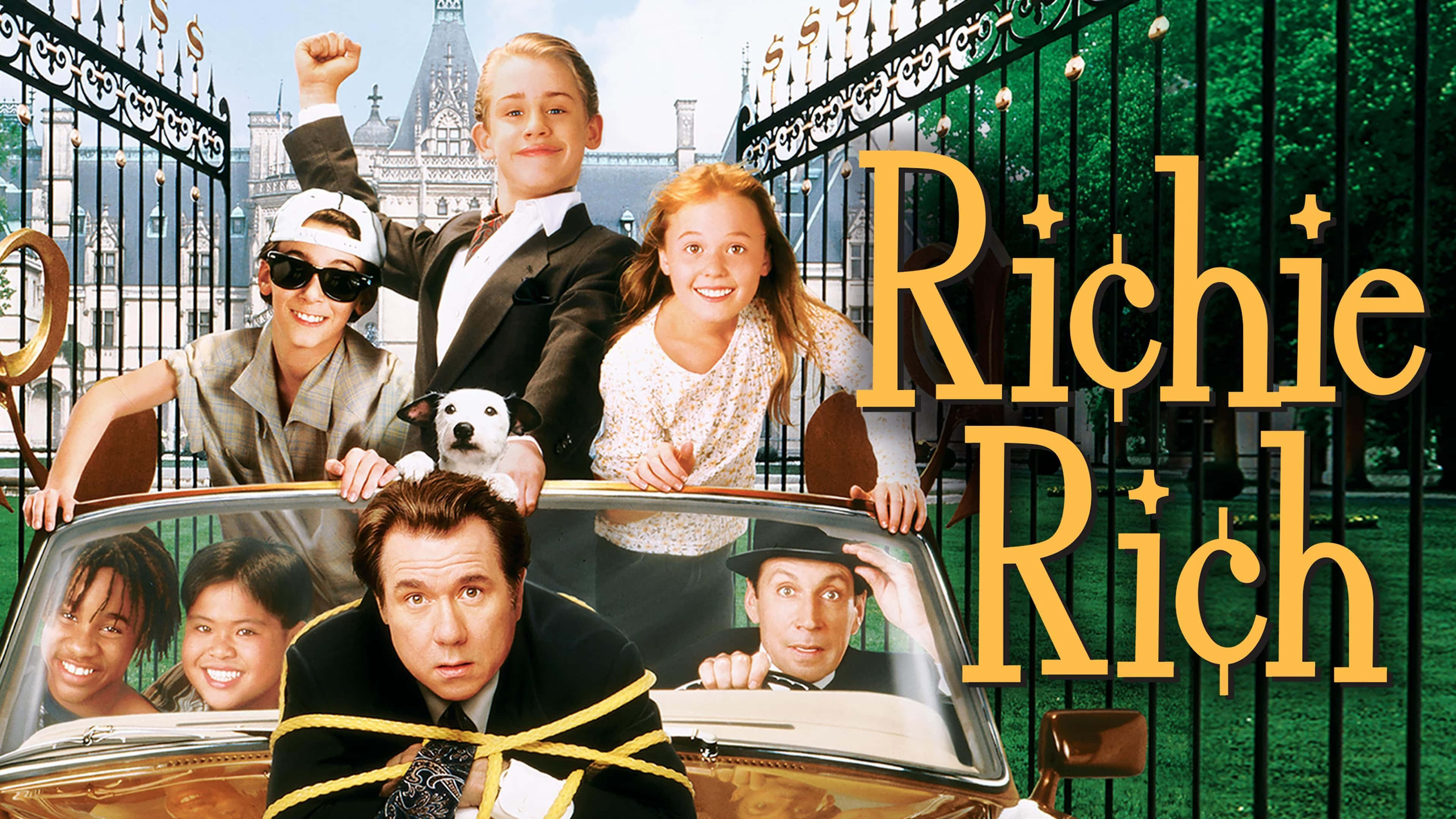 Richie Rich, golden car, grand mansion gate, 4K Desktop Wallpaper
