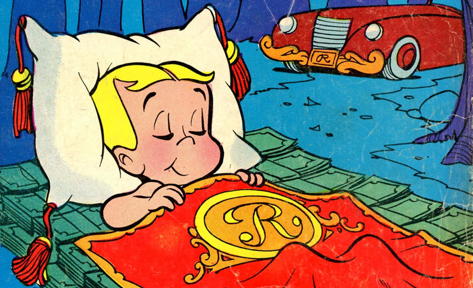 Richie Rich, red car, bed of money, HD Desktop Wallpaper