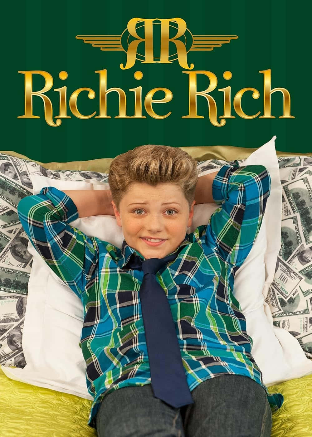 Richie Rich, plaid shirt and tie, bed piled with dollar bills, HD Phone Wallpaper