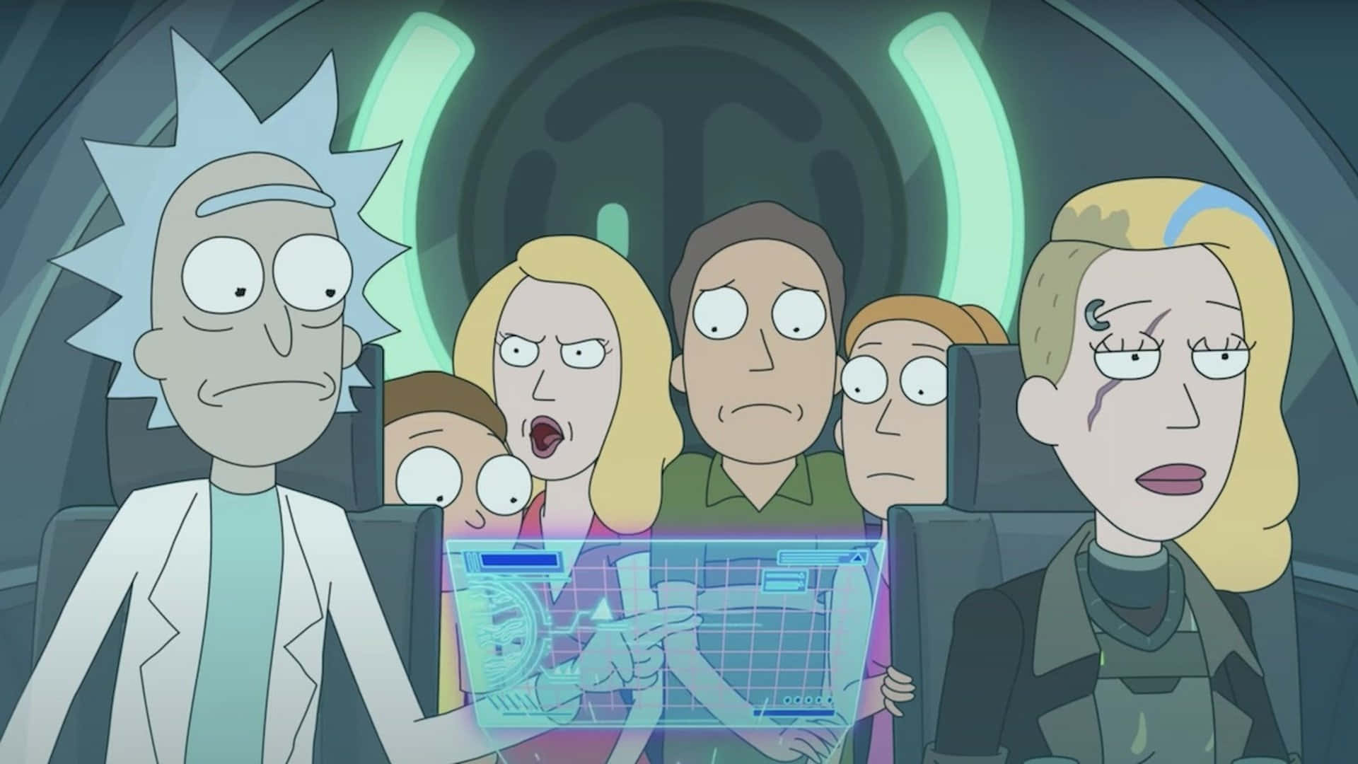 Rick and Morty, spaceship cockpit, glowing green panels, Full HD Desktop Wallpaper