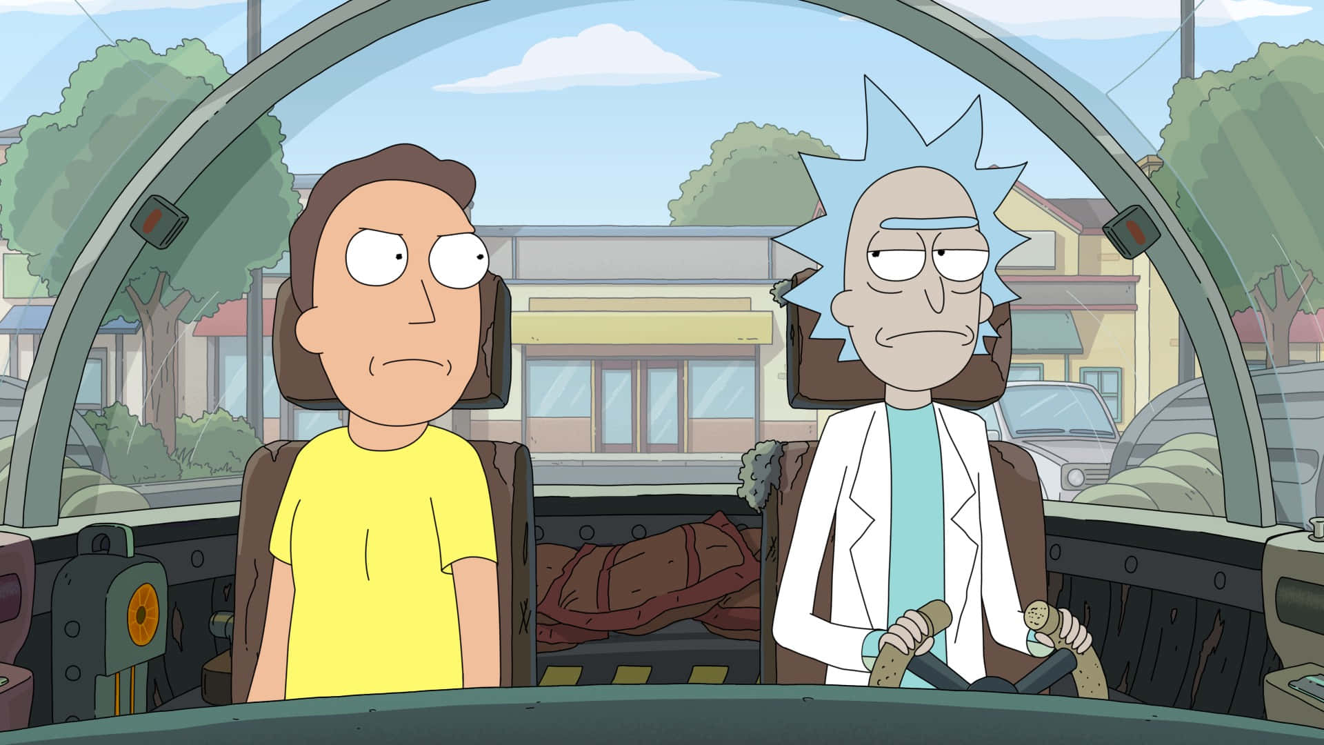 Rick and Morty, flying car cockpit, suburban houses, Full HD Desktop Wallpaper